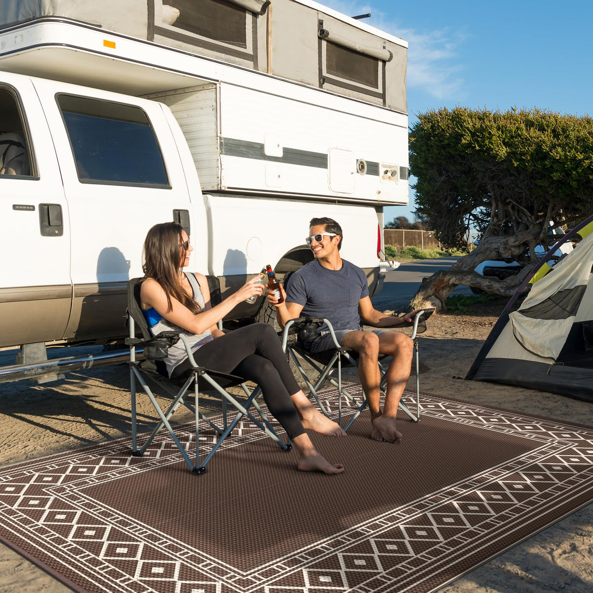 GENIMO Outdoor Rug Waterproof for Patio Decor, 6'x9' Foldable Reversible Plastic Straw Carpet for Travel Trailers, Outside Area Mat for Rv, Deck, Picnic, Porch, Camper, Balcony, Beach, Coffee & Beige GENIMO