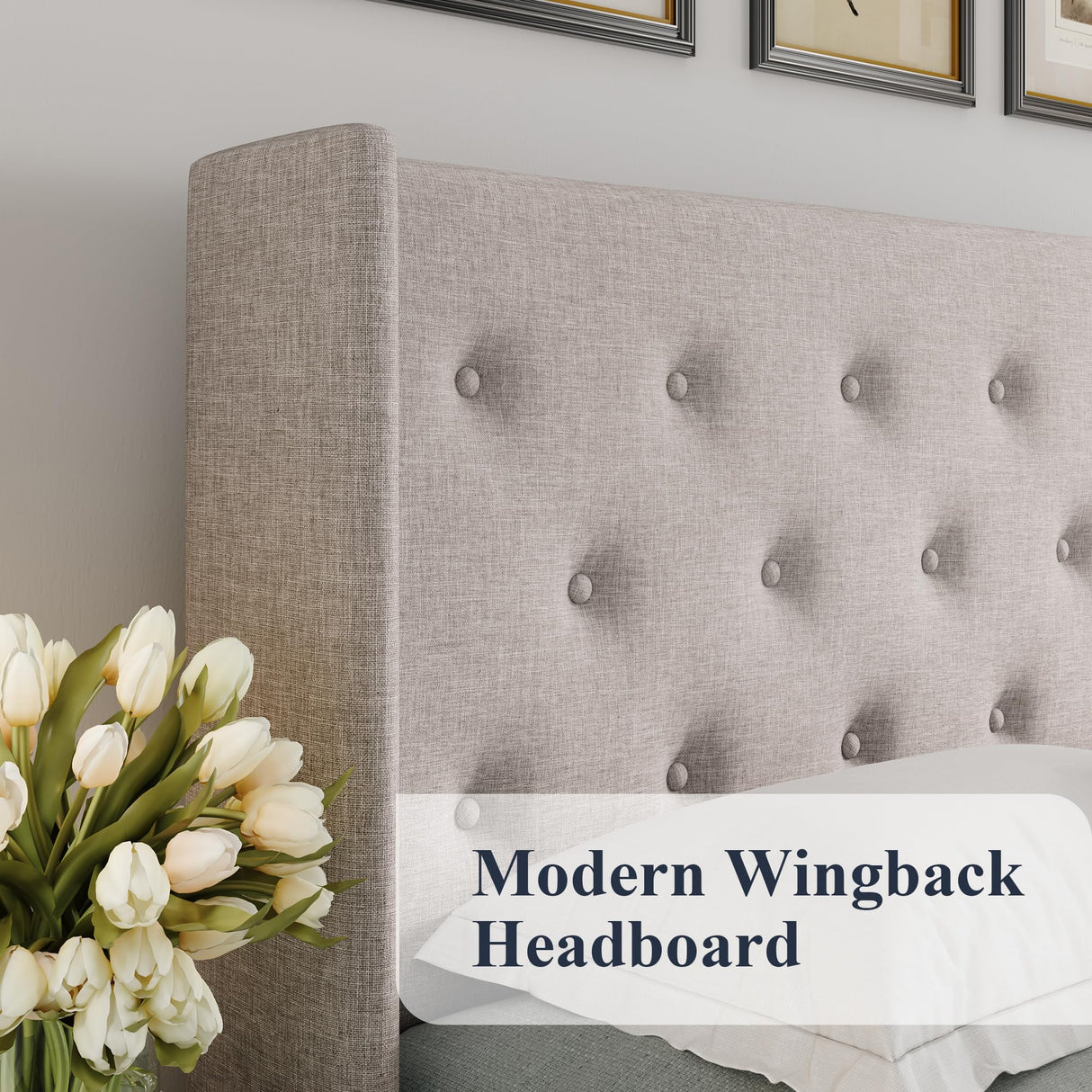 Allewie Queen Size Lift Up Storage Bed, Button Tufted Headboard with Wingback, Hydraulic Support, No Box Spring Needed, Light Beige Allewie