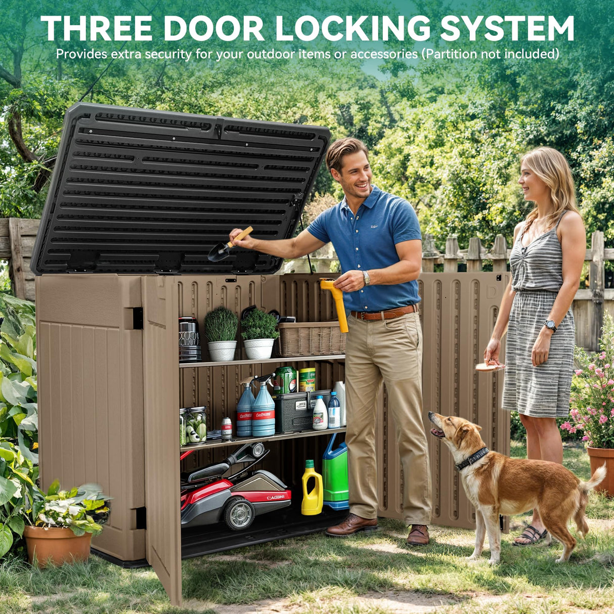 YITAHOME Large Outdoor Horizontal Storage Shed, 47 cu ft Resin Tool Shed w/o Shelf, Outdoor Waterproof Storage with Floor for Trash Cans, Garden Tools, Lawn Mower, Lockable, 4.5x2.8x3.9 ft, Brown YITAHOME