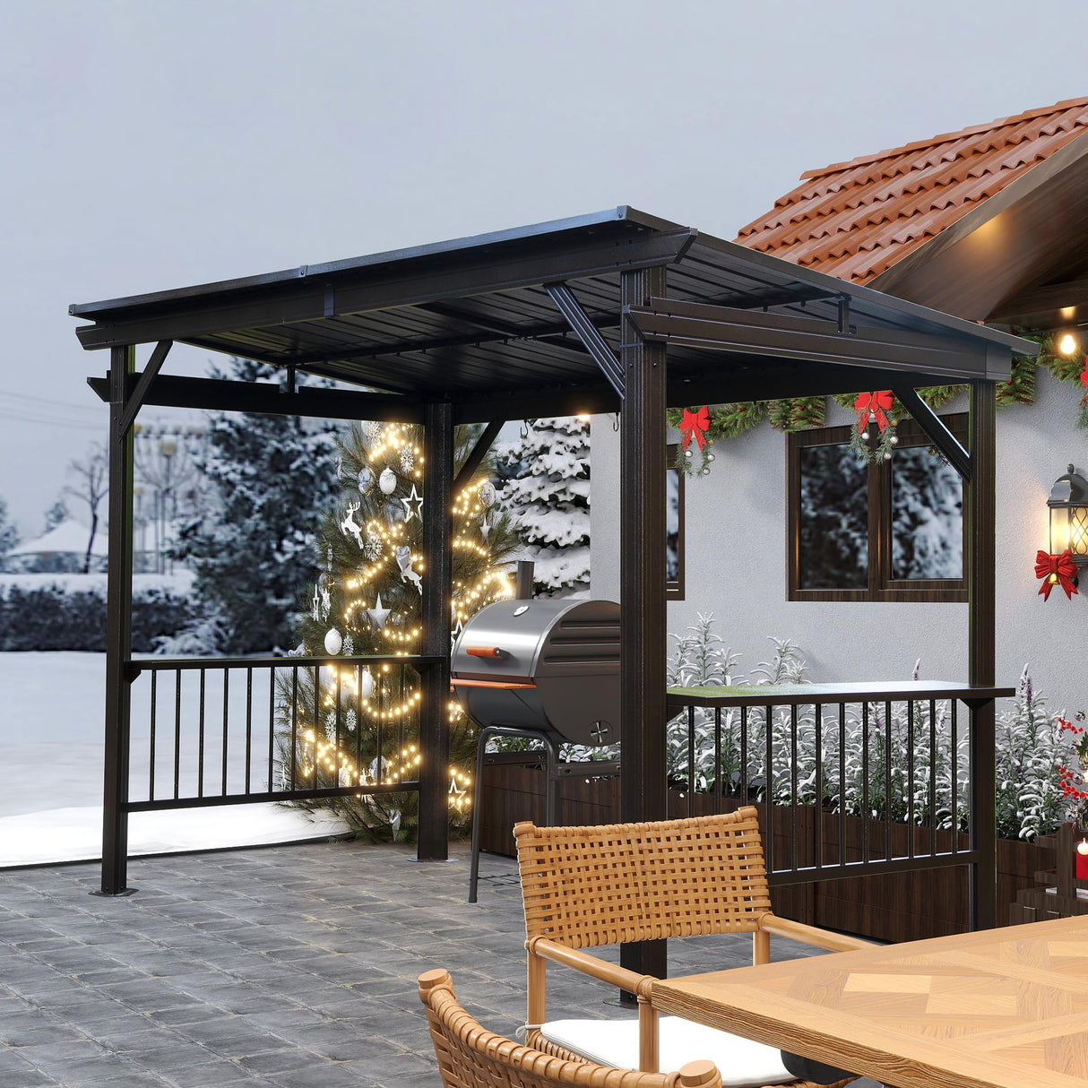 Domi 6.5x12FT Hardtop Grill Gazebo, Outdoor BBQ Gazebo with 2 Side Shelves and Sloping Galvanized Steel Roof, Metal Permanent Grill Canopy with Ceiling Hooks for Patio, Lawn, Backyard, Deck, Brown domi outdoor living