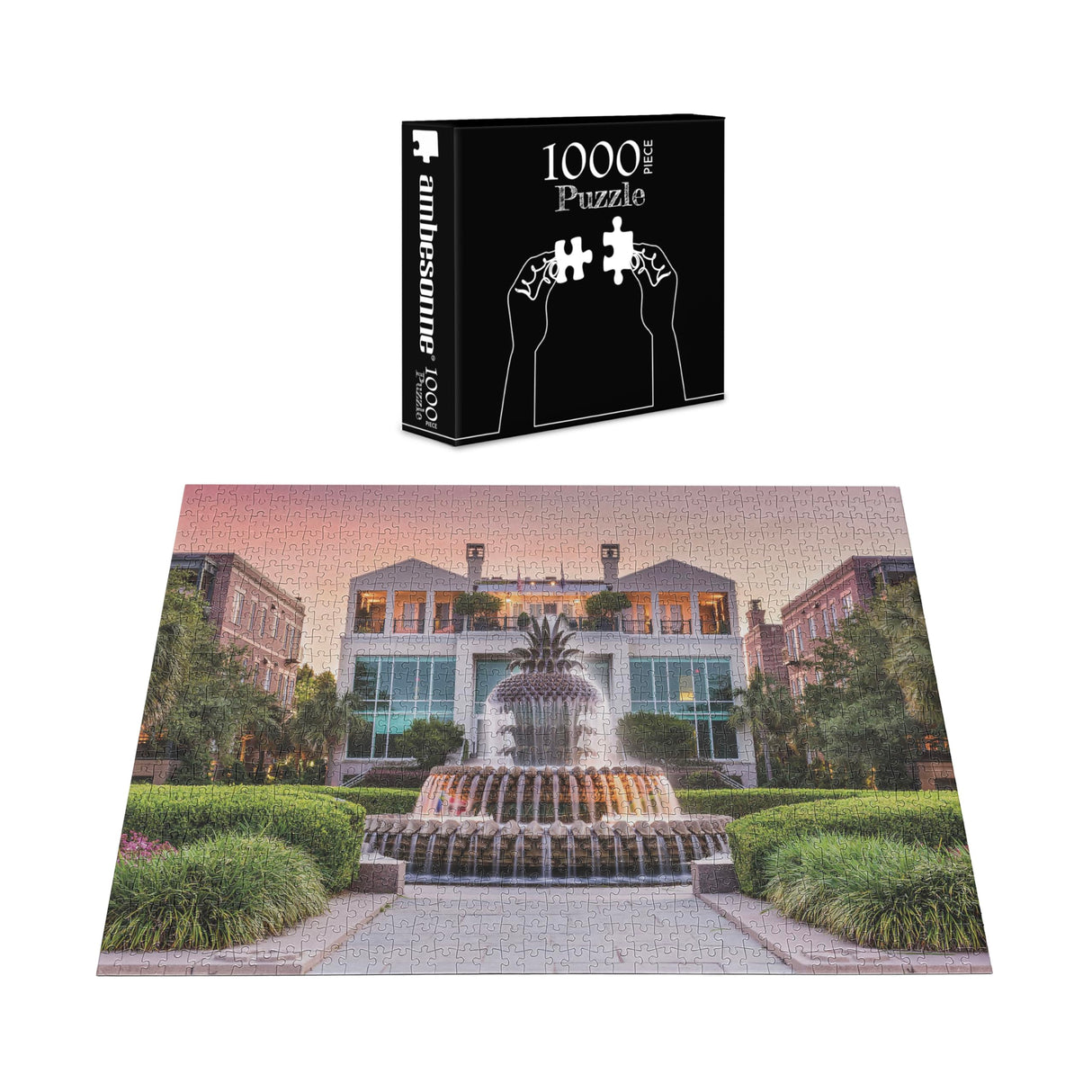 Ambesonne Charleston Jigsaw Puzzle for Adults, South Carolina USA The Waterfront Park Pineapple Fountain Urban Landscape Photo, Heirloom-Quality Fun Activity Durable Cardboard, 1000 pcs, Multicolor Ambesonne