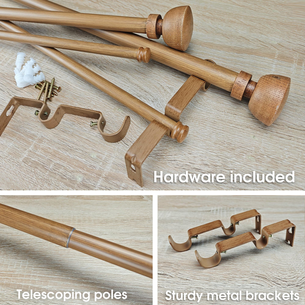 SKYPLUS LIVING Faux Wood Style Curtain Rod Set with Wood Grain Round Finial, 72-144 inch, Standard Double Drapery Rod for 1 Pack, 1 inch diameter, Adjustable Length SKYPLUS LIVING