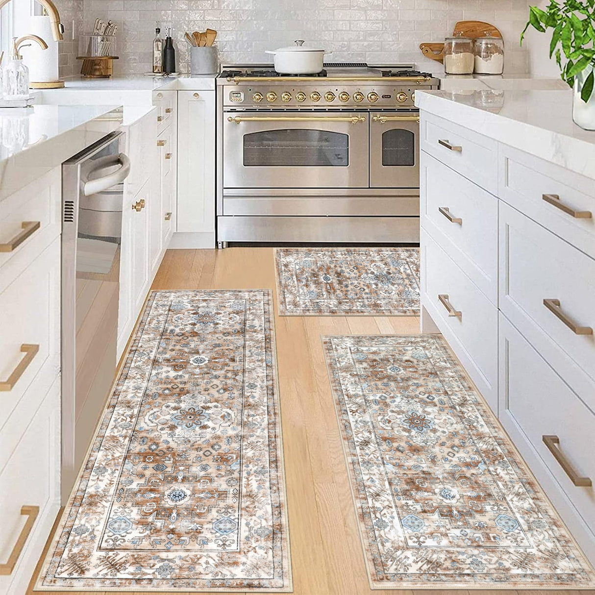 Pauwer Kitchen Mats for Floor 3 Piece Set Boho Non Slip Kitchen Rugs Washable Farmhouse Kitchen Floor Mats Thick Long Kitchen Throw Area Rug Carpet Runner for Hallway Entryway Laundry Bathroom Pauwer