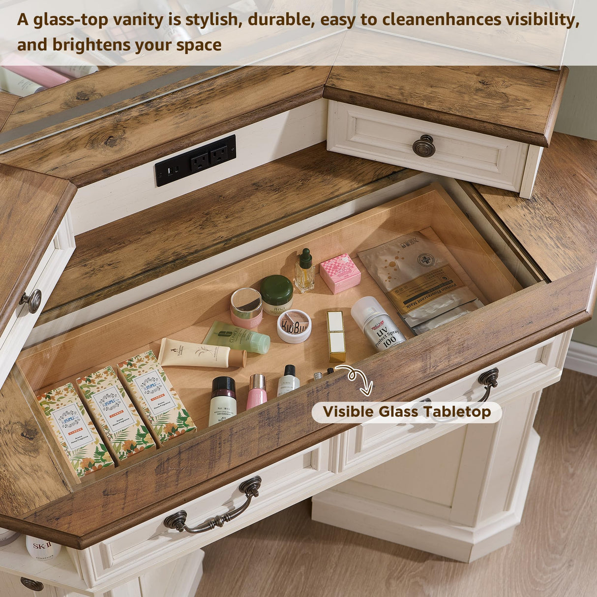 T4TREAM Makeup Vanity Desk 48" with 3 Way Mirror and Lights, Large Farmhouse Corner Vanity Dressing Table with Glass Top & Charging Station, 3 Drawers & 2 Storage Cabinets for Bedroom, Antique White T4TREAM