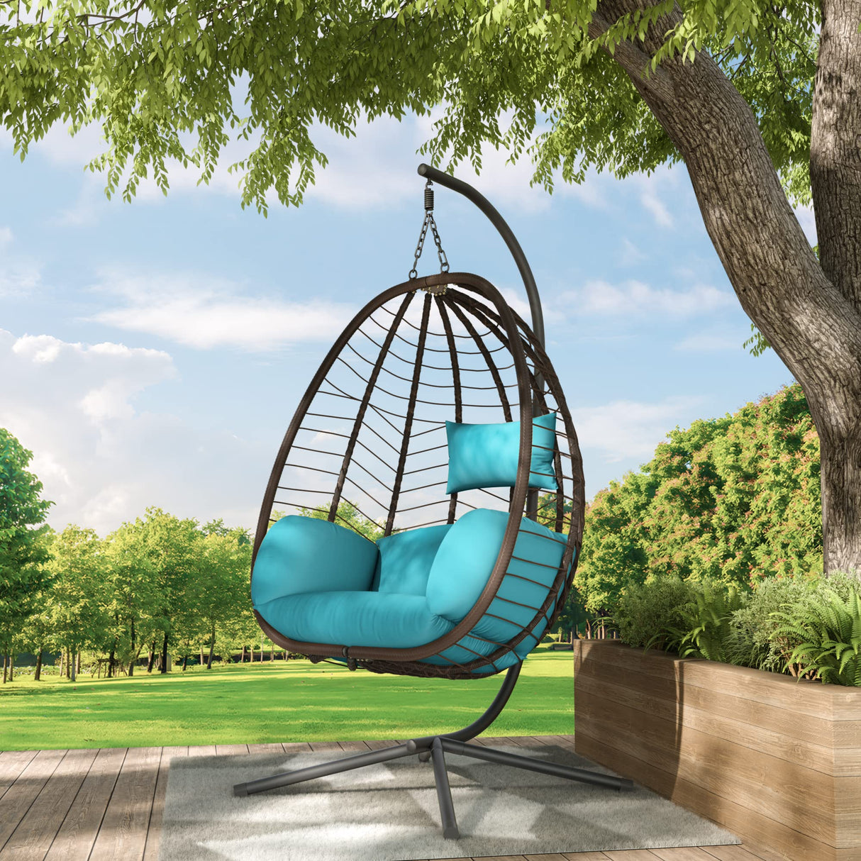 ALAULM Egg Swing Chair Outdoor Indoor Wicker Rattan Hanging Chair with Stand 350lbs Capacity w/Strong Frame & Blue Cushions for Patio Balcony Bedroom ALAULM