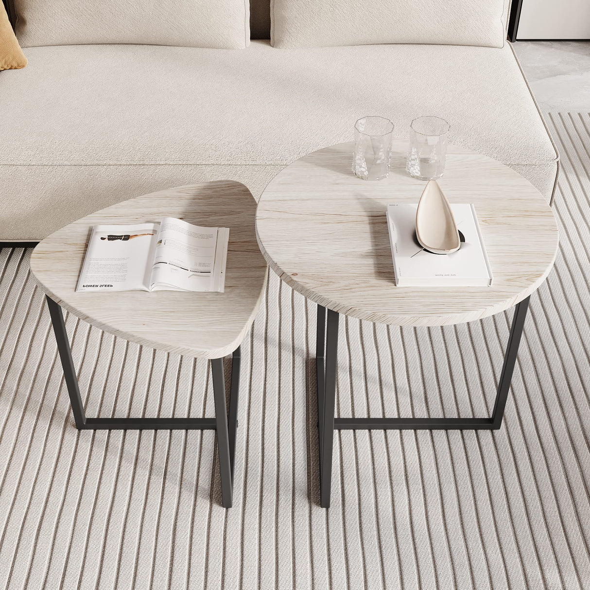 HOJINLINERO Round Coffee Table Set of 2 End Tables for Living Room,Black Small Coffee Table Living Room Table,Metal Frame & Wood Look,Sturdy and Easy Assembly,Stacking Side Tables Bedroom,White HOJINLINERO