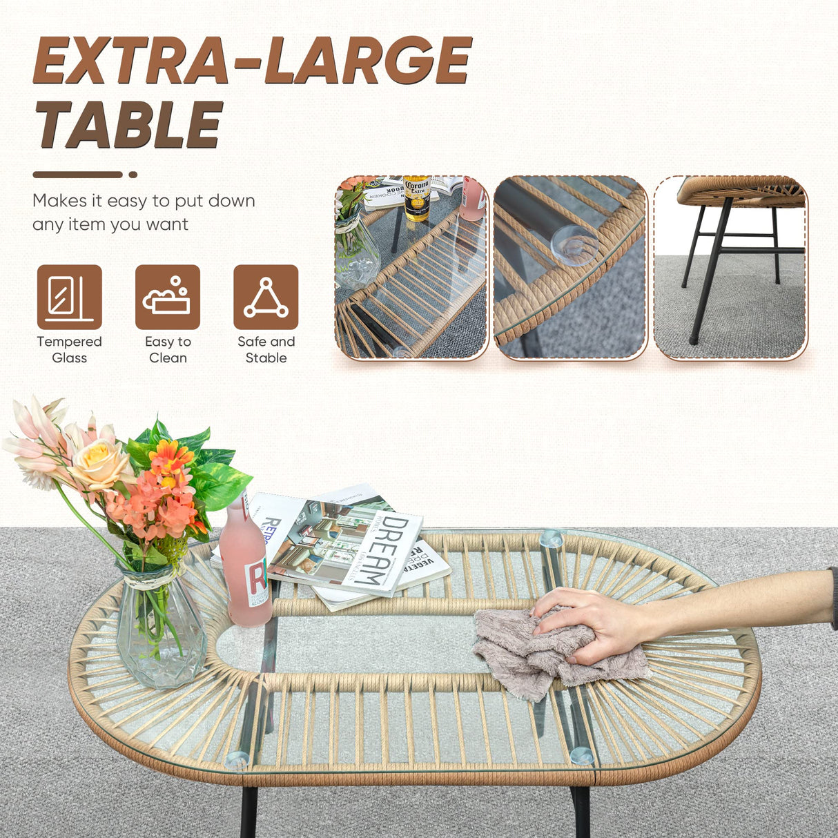 Devoko Outdoor Patio Furniture Set, Outdoor Sectional Conversation Rope Woven L-Shaped Sofa Set with Patio Table and Thick Cushions for Backyard Porch Balcony Garden, White Devoko