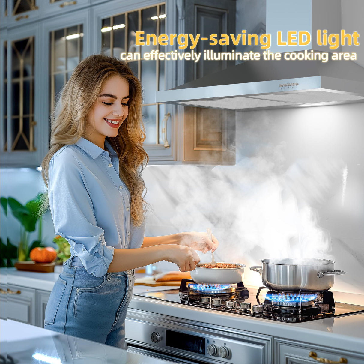 FIREGAS Range Hood 30 inch Wall Mount with Ducted/Ductless Convertible, 450 CFM Stainless Steel Chimney-Style Kitchen Hood, Over Stove Vent Hood with 3 Speed Fan, LED Light, Charcoal Filters FIREGAS