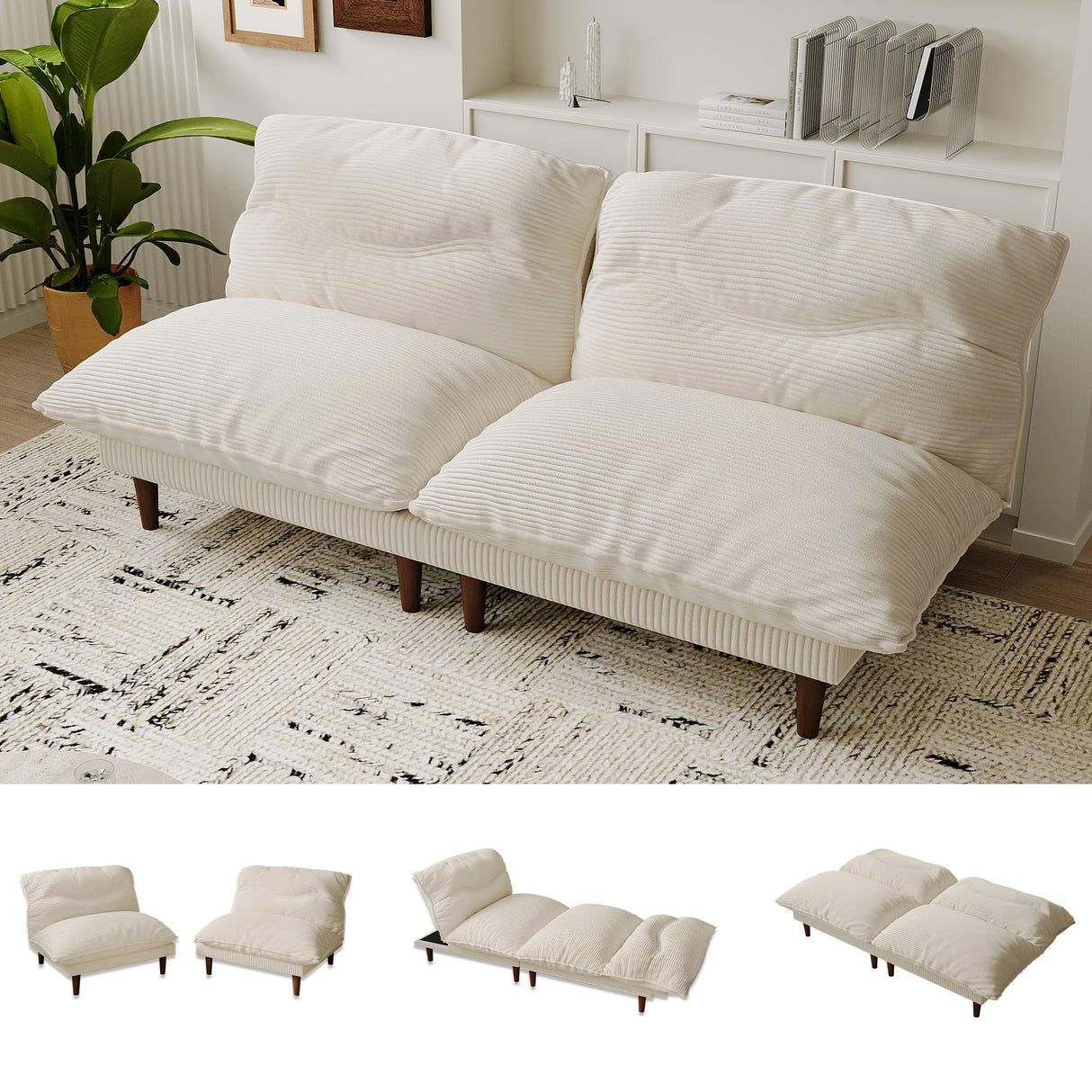 DreamDashio Futon Sofa Bed, 4 in 1 Multi-Functional Futon Couch with Adjustable Backrest, 75 inch Convertible Sleeper Sofa Bed and Recliner Lounge, Corduroy Loveseat for Living Room, Apartment, Beige DreamDashio