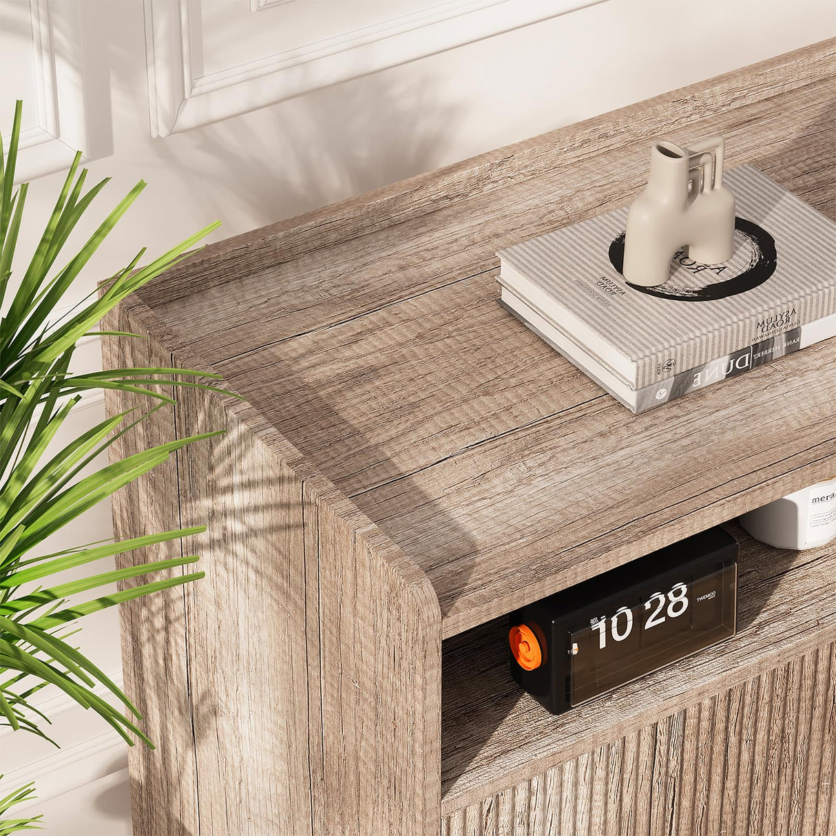 Algglobuy Farmhouse TV Stand for 65 Inch, TV Stands for Living Room with Sliding Doors and Adjustable Shelf, Entertainment Center with Storage Media TV Console Table for Bedroom (Sunwashed Ash Oak) Algglobuy