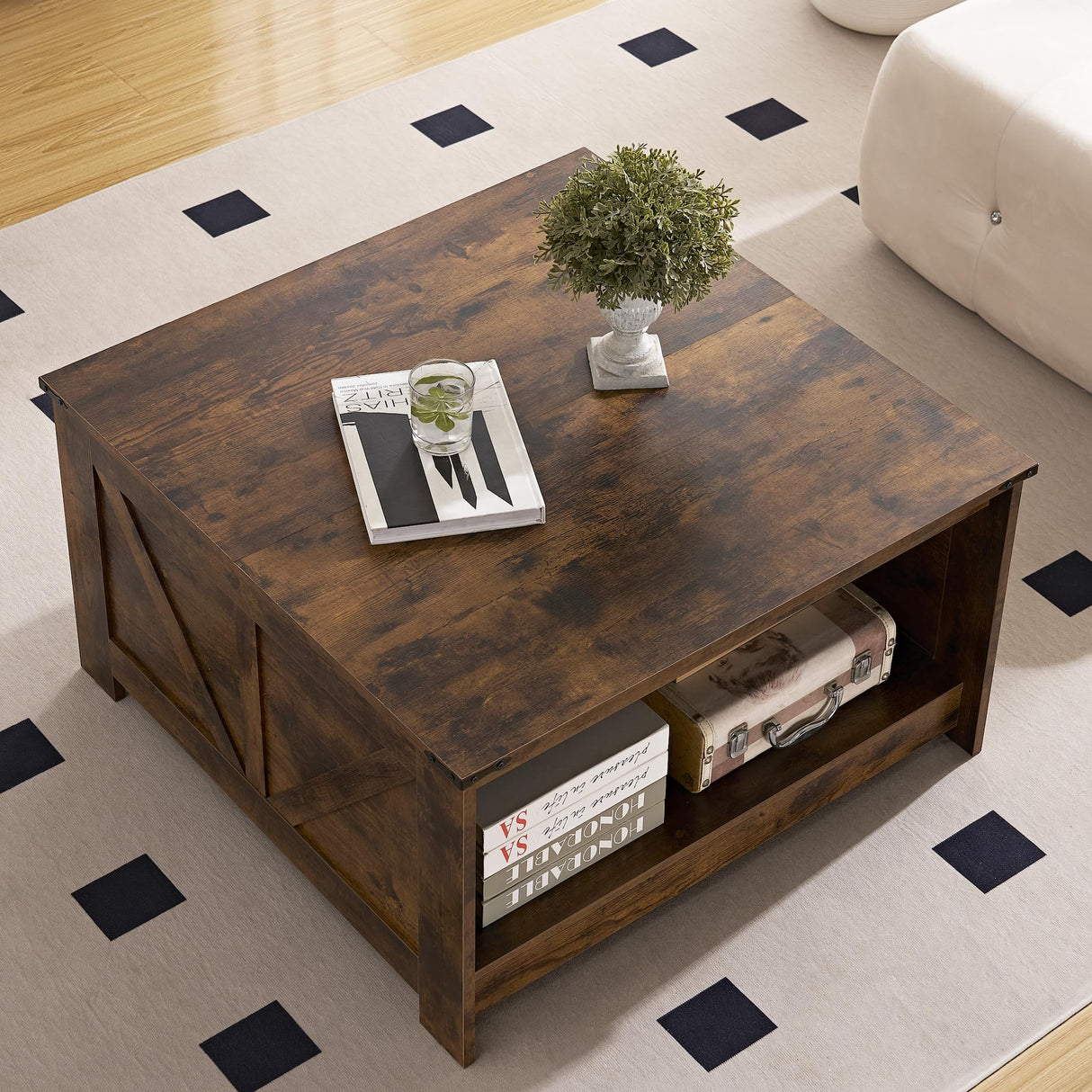 OKYCI Farmhouse Coffee Table for Living Room, Wood Square Coffee Tables, 31.5" D x 31.5" W, Rustic Brown OKYCI