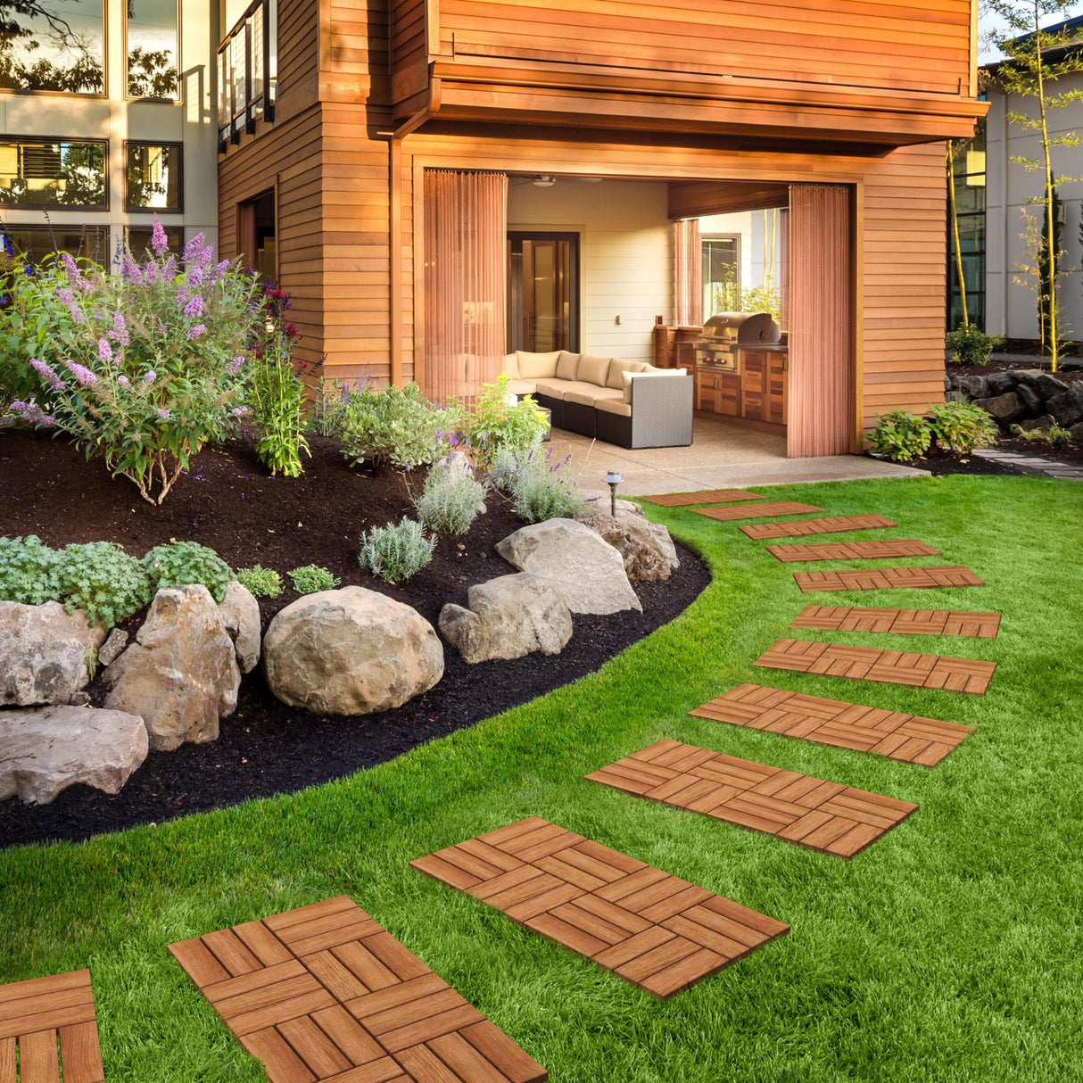 Yaheetech 10pcs Hardwood Interlocking Patio Deck Tiles Acacia Waterproof Wood Flooring Tiles for Patio Garden Poolside, 12'' x12'' Indoor Outdoor Use All Weather Yaheetech