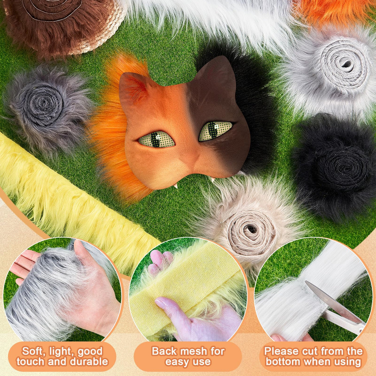 Seenelling 33 Pcs DIY Therian Mask Material Kit Including Felt Fabric Sheet Faux Fur Strips and Plastic Eye Mesh Sheets (No Mask) (Multicolor) Seenelling