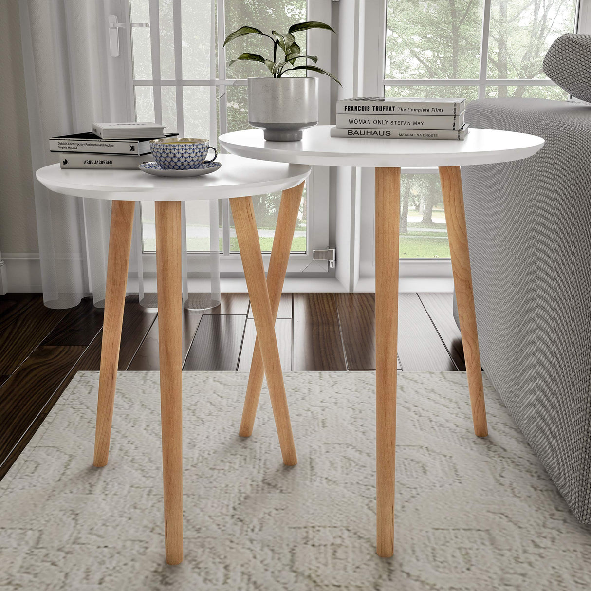 Nesting Side Tables - Set of 2 Round End Tables for Living Room, Bedroom, or Home Office - Accent Table Set - Mid-Century Modern Living Room Furniture by Lavish Home (White/Natural) Lavish Home