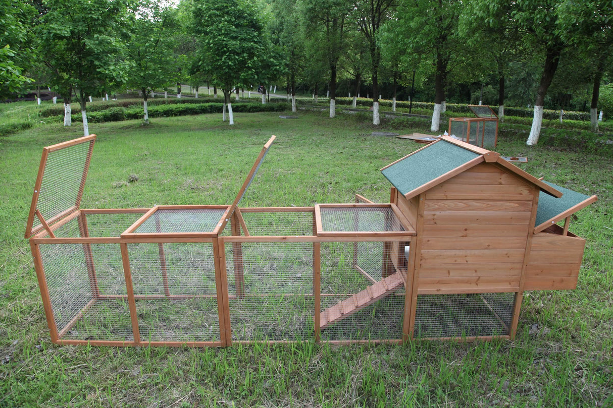 Outdoor Chicken Coop Wooden Hen House Poultry Pet Hutch Run Cage w/Waterproof Asphalt Roof, Ramp, Nesting Box, Wire Fence (120") GOJOOASIS