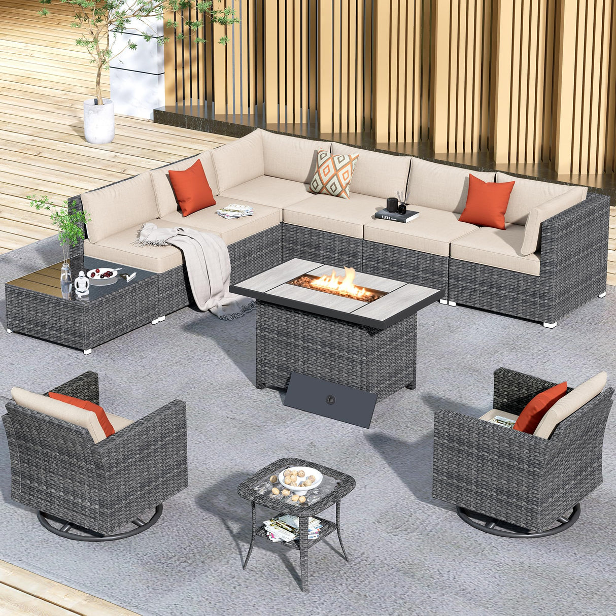 HOOOWOOO 11 Piece Patio Sectional Furniture Set with Fire Pit Table,Modern Wicker Outdoor Conversation Sofa Sets,Weather Resistant Modular L Shaped Outside Couch Swivel Chair Set(Beige) HOOOWOOO