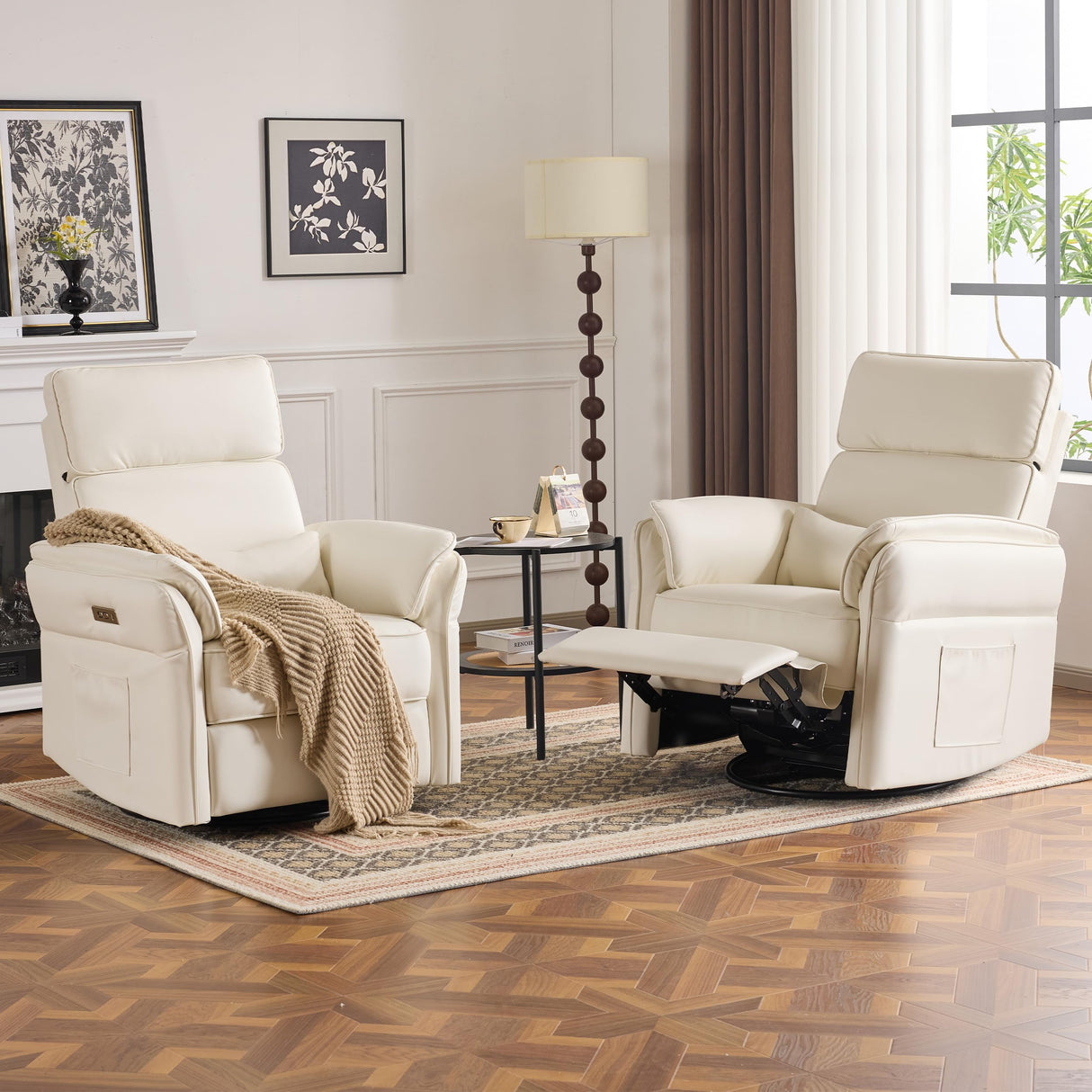 Power Recliner Rocking Chair Nursery Gliders with Adjustable Armrests and Headrest, Swivel Electric Glider Reclining Nursing Chair with USB Port and Storage Bags, FSC Certified(Leather, Beige) MELLCOM