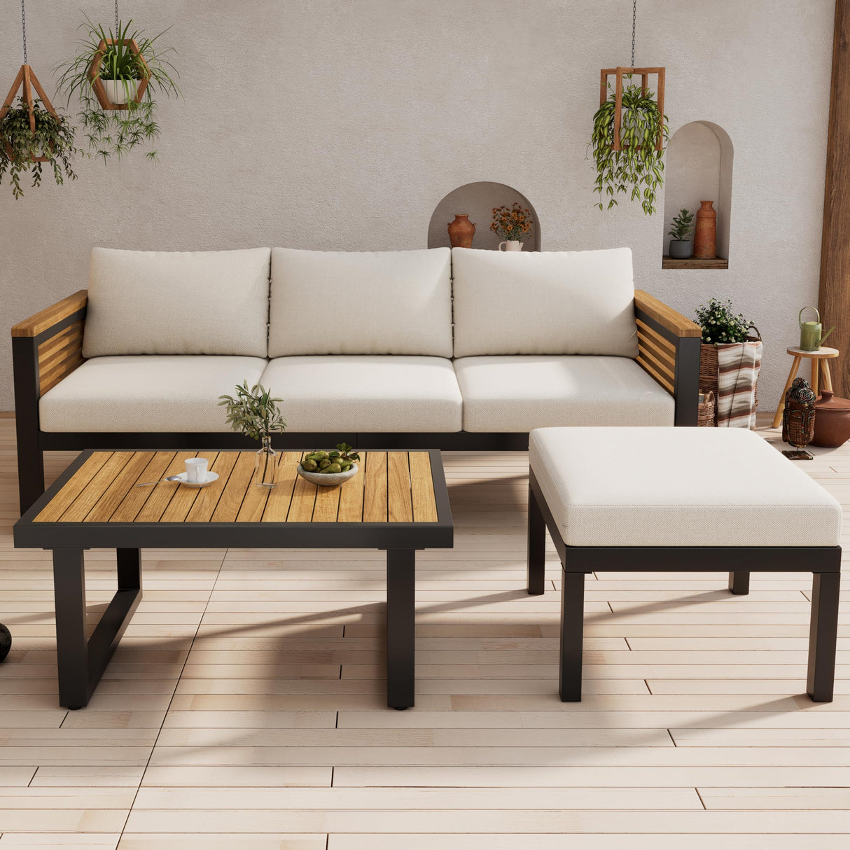 Christopher Knight Home Alvin 3-Piece Acacia Wood Metal Patio Furniture Set, Outdoor Sectional Conversation Sofa Chat Set with Coffee Table and Ottoman for Backyard or Balcony, Teak+Beige+Black Christopher Knight Home