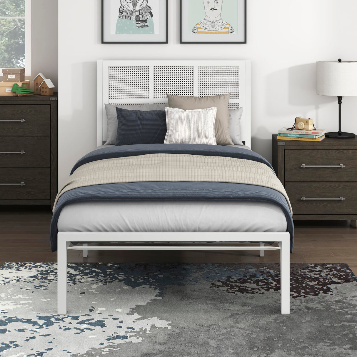 Lexicon Metal Bed Frame with Rattan Headboard, Metal Platform Bed with Strong Metal Slat Support Under Bed Storage, Boho Faux Cane Bed, Mattress Foundation No Box Spring Needed, Twin Bed, White Lexicon