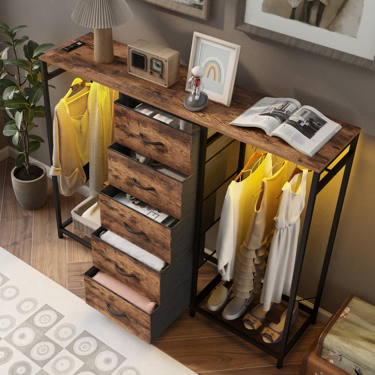 Espelism Dresser for Bedroom with Clothes Rack 5 Drawer Dresser with Charging Station LED Lights White Chest of Drawers Flexible Shelf and Open Storage Space for Bedroom Living Room (Brown) Espelism