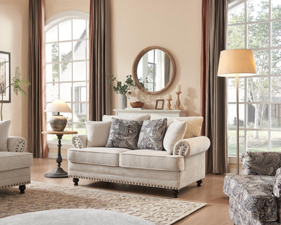 Modern Farmhouse Loveseat Sofa, Chenille Upholstery with Nailhead Trim, Small Couch for Living Room, Bedroom, Office, or Apartment, Includes 4 Accent Pillows