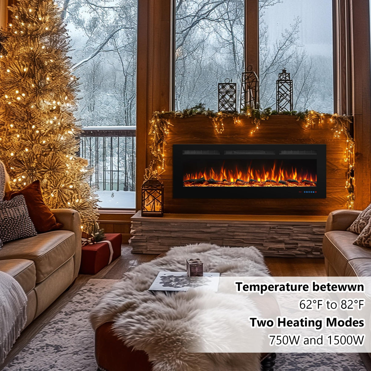 Valuxhome 72in Smart App Electric Fireplace,Recessed & Wall-Mount, Logset & Crystal,Decoration,Remote Control, 750/1500W,Black,Overheating Protection,62-86°F,Hard-Wire Valuxhome