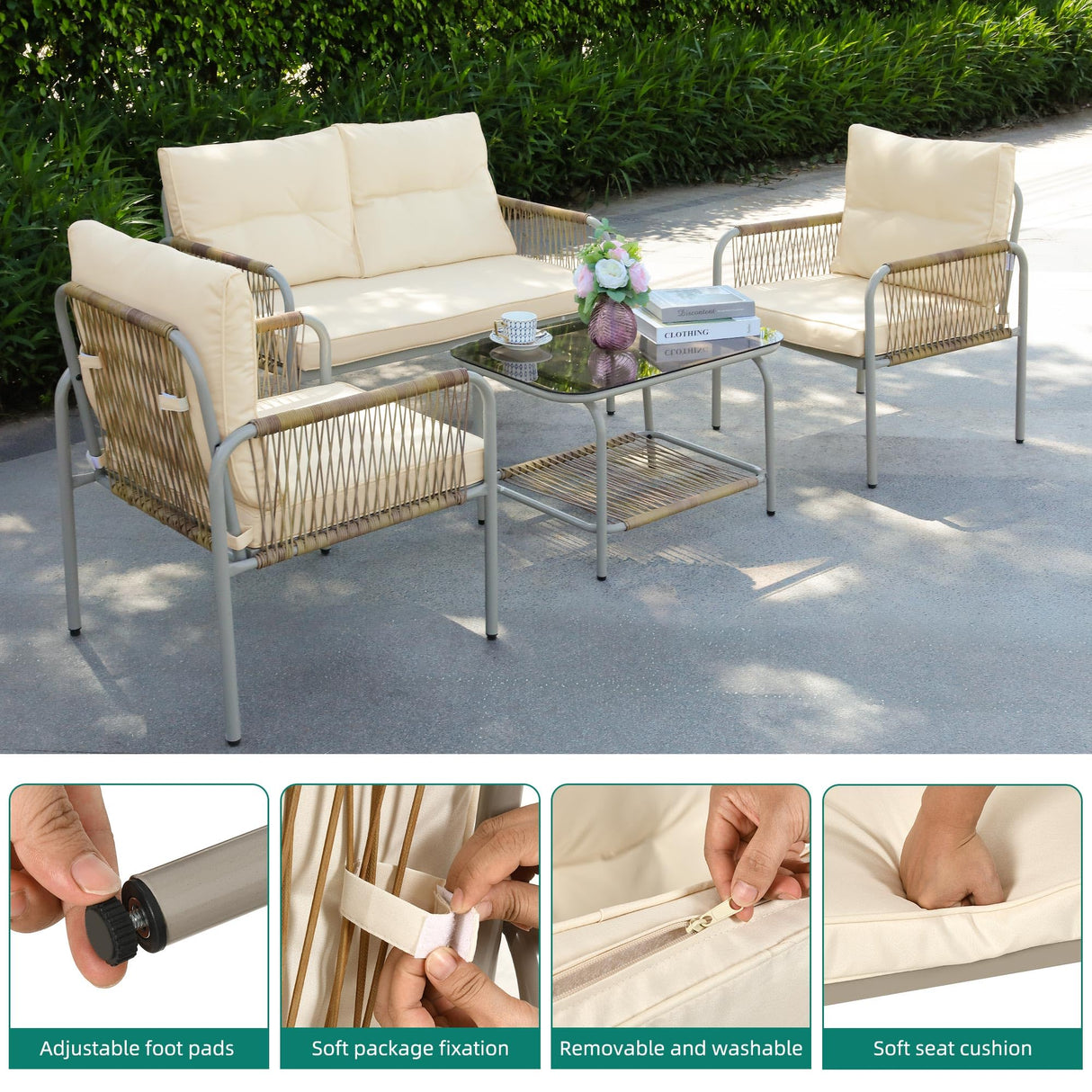 YITAHOME 4 Pieces Patio Furniture Set, Wicker Outdoor Conversation Set, All-Weather Rattan Bistro Set with Loveseat Set, Coffee Table and Cushions for Backyard, Balcony, Deck - Beige YITAHOME