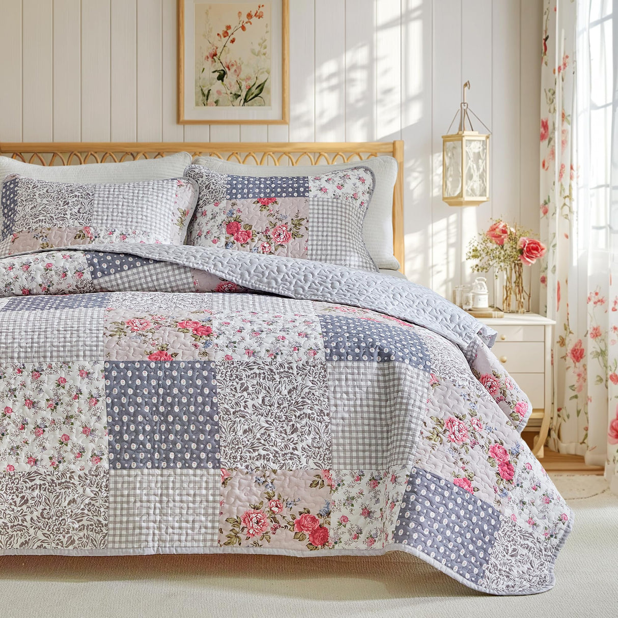 Joyreap Floral Cotton Quilt Set, Neutral Flowers Grid Patchwork Design, 3 Pieces Queen Size Quilt Bedding Set, Farmhouse Countryside Bedspread Bed Cover for All Season- 90x90 inches Joyreap