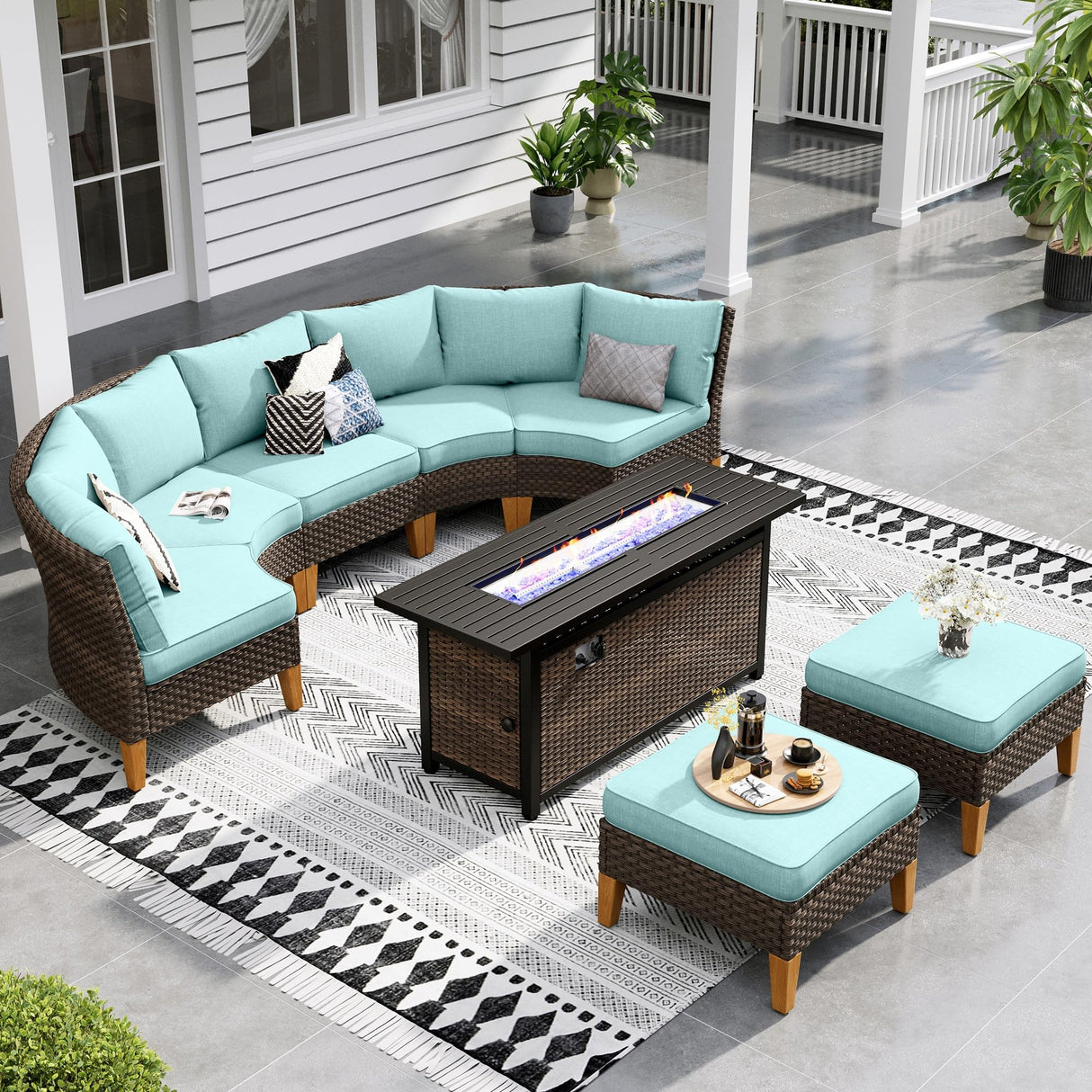 Sophia & William Patio Furniture Set with Fire Pit Table, 8 Piece Half Moon Outdoor Wicker Sectional Sofa Set, Rattan Conversation Set with 56-Inch Fire Pit Table & Ottoman (Aqua Blue) Sophia & William