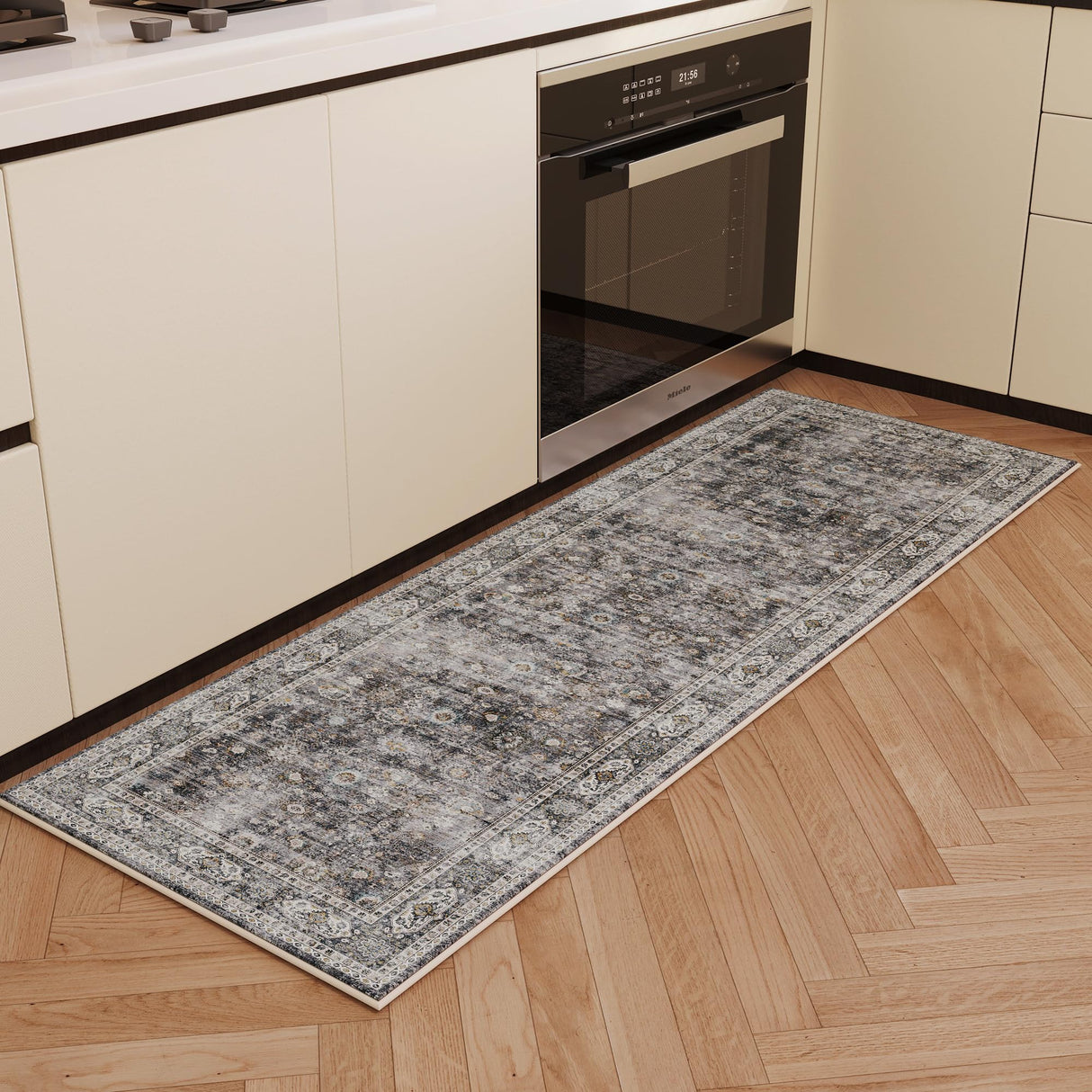 Runner Rug Hallway Runner Rug Washable Kitchen Runner Rugs with Rubber Backing 2'6''x8' 100% Polyester Vintage Rug for Entryway Indoor, Kitchen, Laundry, Bedroom (Grey and Brown) Rugcomf