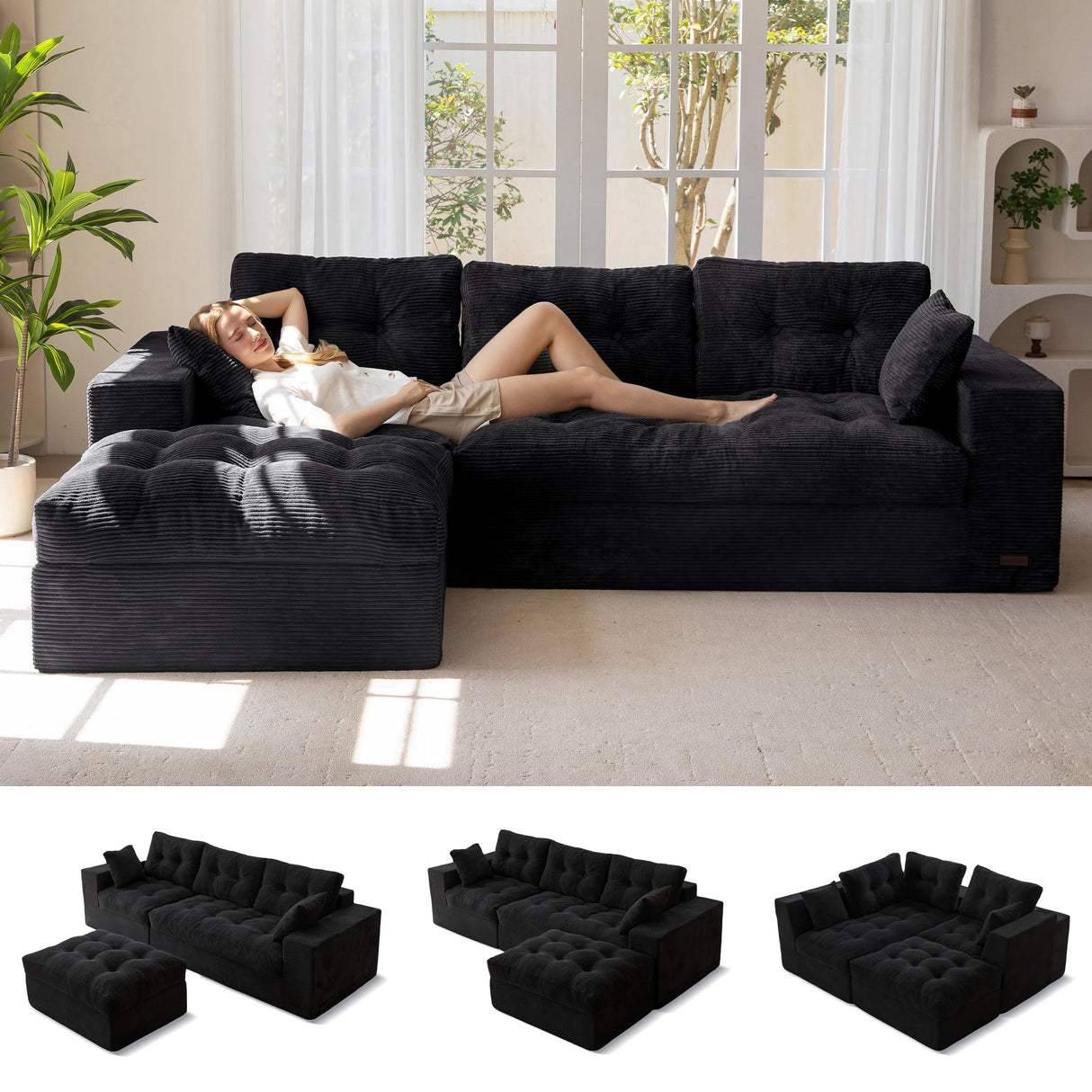MAXYOYO L-Shaped Sectional Sofa with Convertible Left/Right Ottoman, Cloud Boneless Modular Couch, Layered Cushion & Tufted Upholstered, 4-in-1 Flexible Combination, No Assembly, Black MAXYOYO