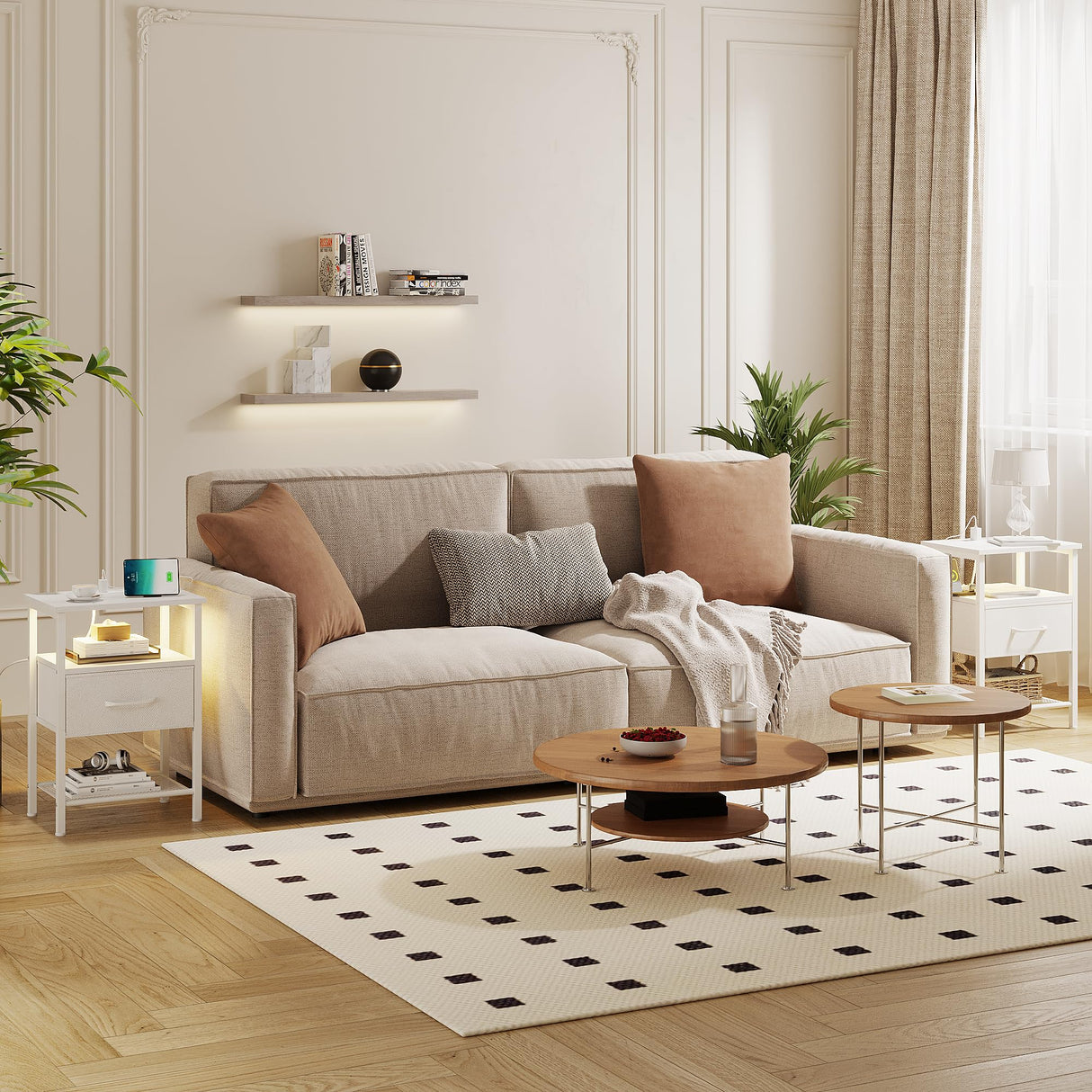 TRIFEBLE Night Stand Set 2, End Table with Charging Station, LED Bedside Table with Fabric Drawer for Bedroom, 3-Tier Side Table with Open Shelf, White TRIFEBLE