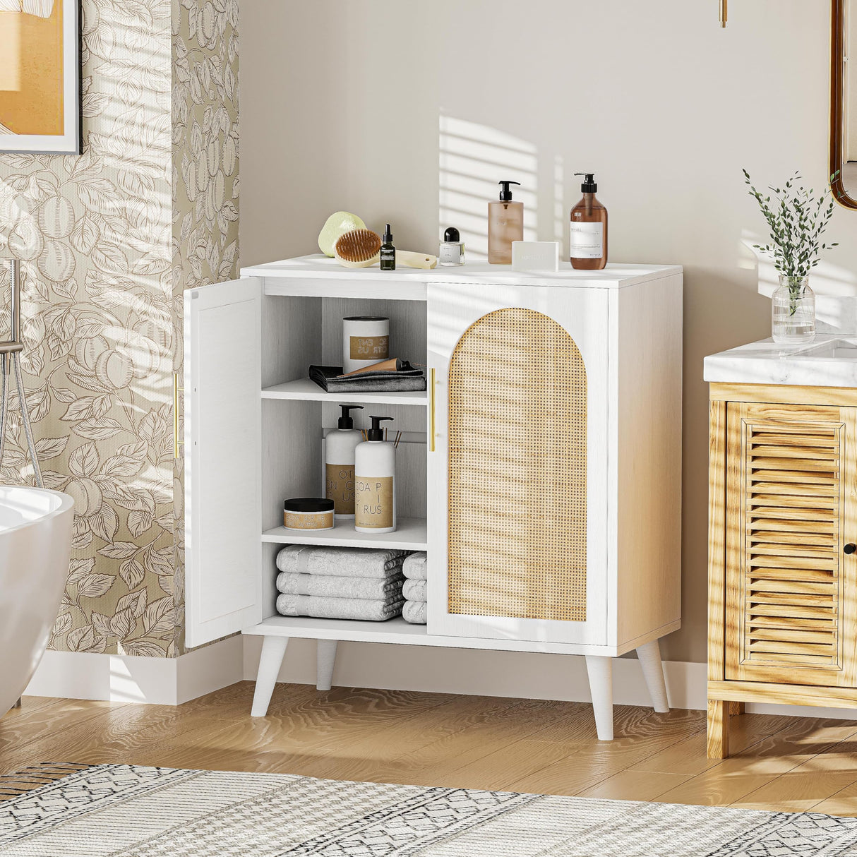Rovaurx Rattan Storage Cabinet with Doors, Accent Bathroom Floor Cabinet, Modern Sideboard Buffet Cabinet for Living Room, Entryway, Dining Room and Kitchen, White and Natural BMGZ108WM Rovaurx