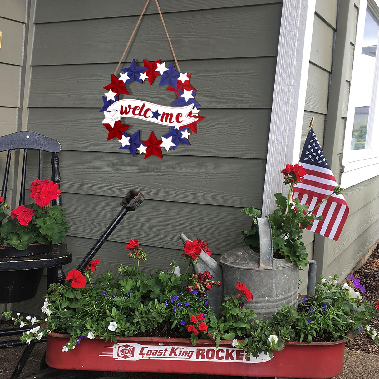 4th/Fourth of July Decorations Welcome Wreath for Front Door - Wooden Red White and Blue Star Sign, Patriotic Memorial Day Porch Home Wall Outside Decor 80UncleKimby