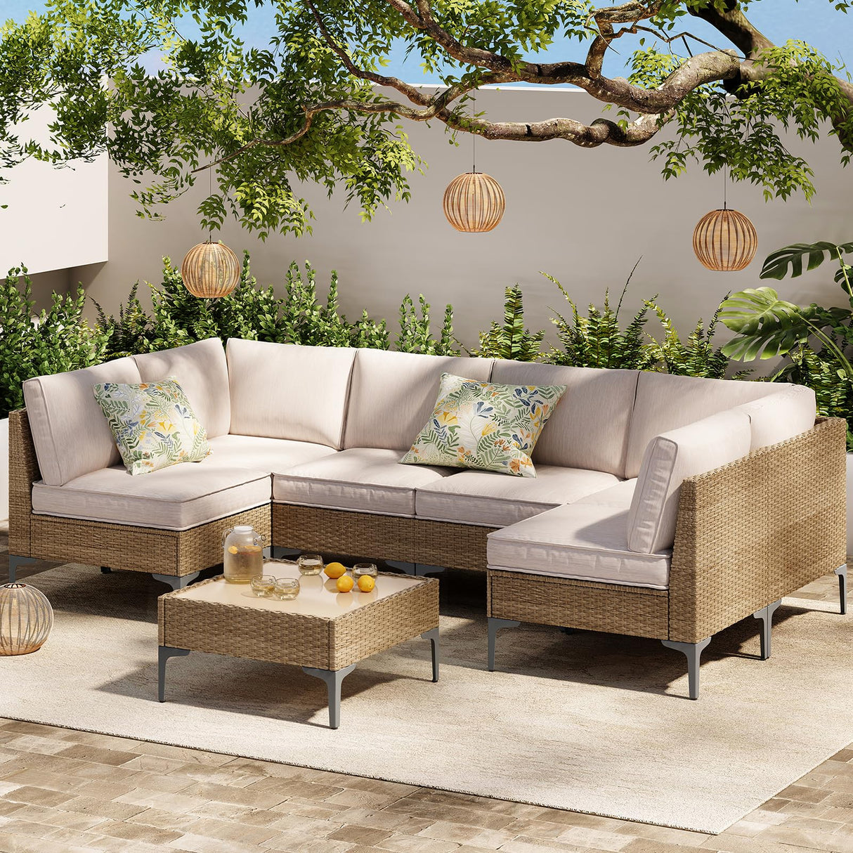 SunloungeCo 7-Piece Patio Furniture Set, Outdoor Wicker Sectional Sofa with Coffee Table, Anti-Slip & Thick All-Weather Cushions for Sunroom,Garden,Backyard, Beige SunloungeCo
