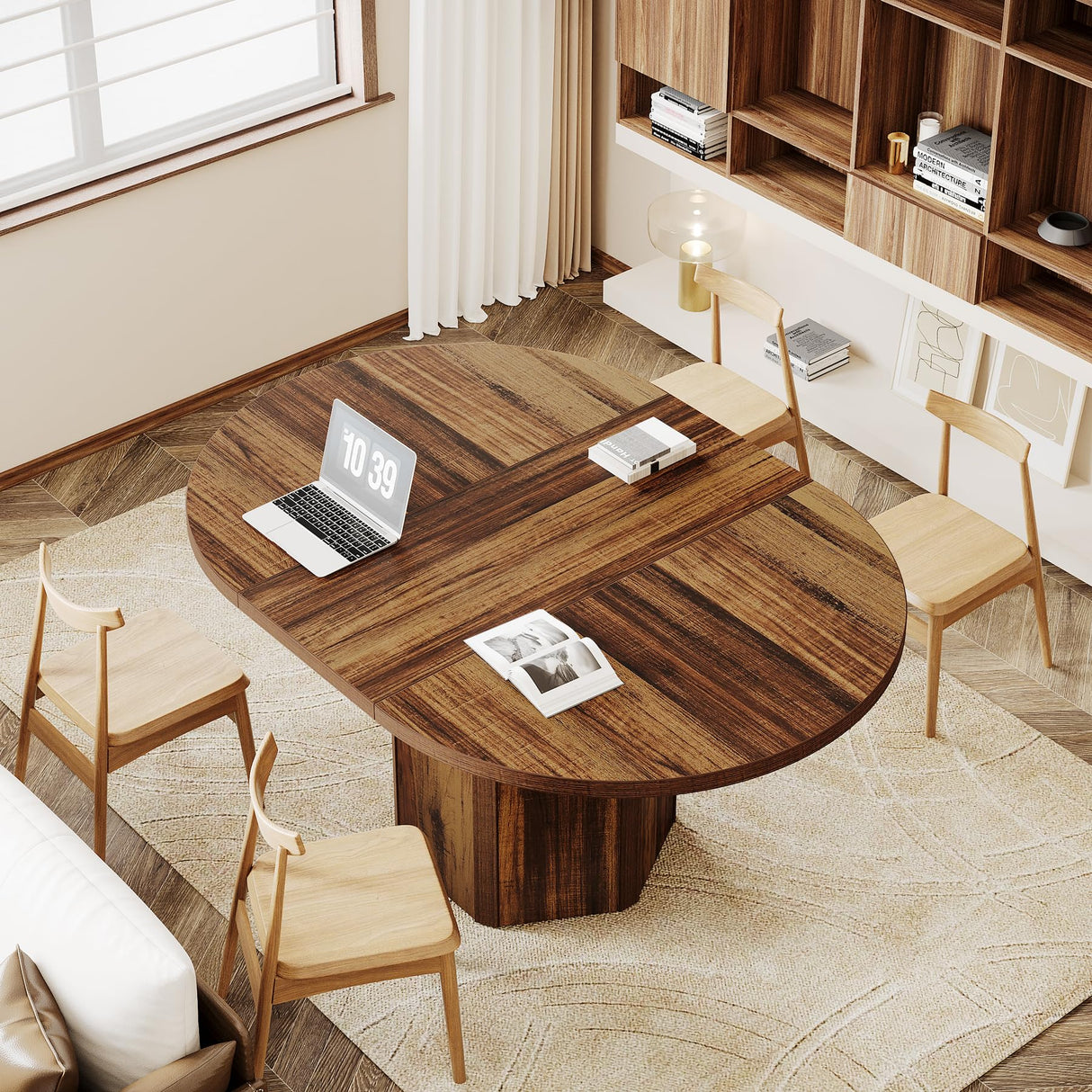 Tribesigns 55.12 Inches Oval Conference Table, Rustic Wood Conference Meeting Room Table for 4-6 People, Small Seminar Table with Polygon Shaped Base for Break Room Office, Large Office Desk, Brown Tribesigns