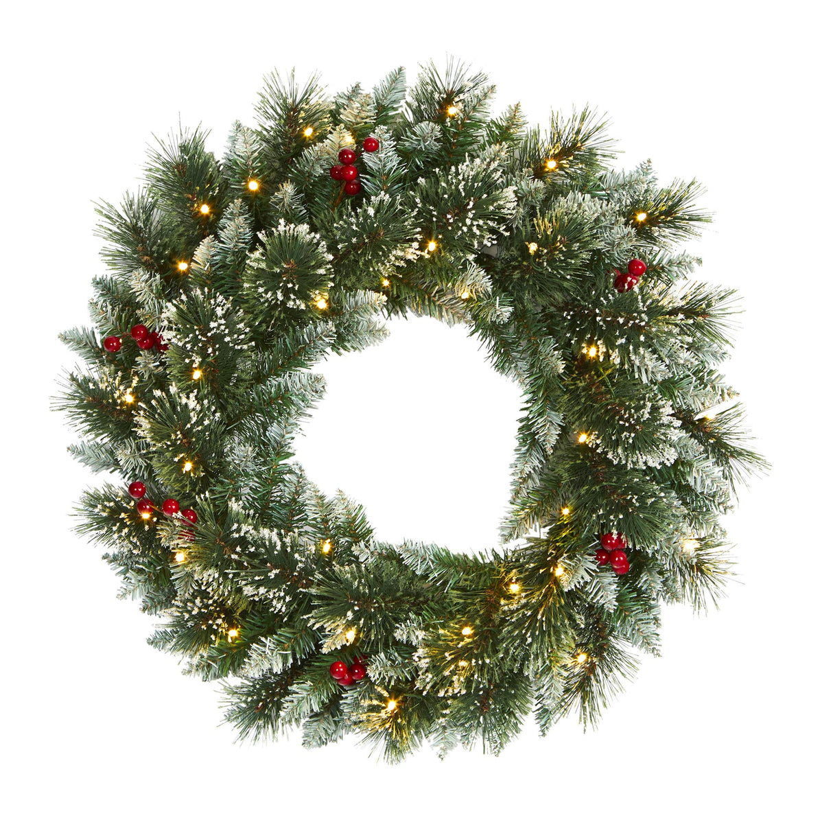 Nearly Natural 24in. Frosted Swiss Pine Artificial Wreath with 35 Clear LED Lights and Berries, Green, 5x24x24 Nearly Natural