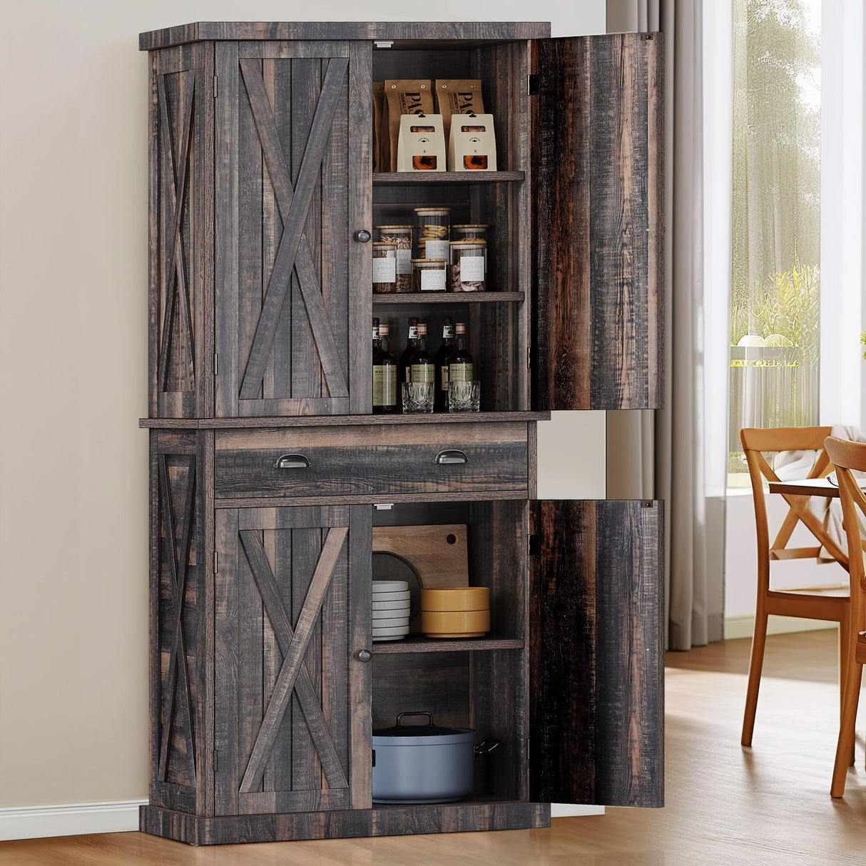 YITAHOME 72'' Farmhouse Kitchen Pantry, Wood Kitchen Storage Cabinets with Drawer and Adjustable Shelves, Kitchen Versatile Storage for Kitchen, Dining Room, Living Room, Dark Rustic Oak YITAHOME