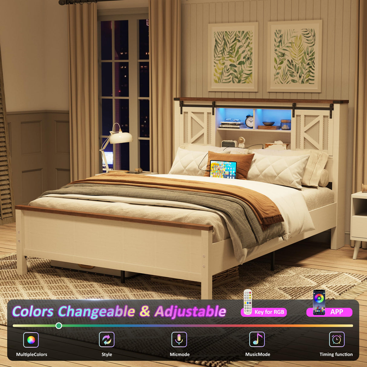 Vabches Farmhouse Queen Bed Frame with Storage, LED Lights & Charging Station Vabches