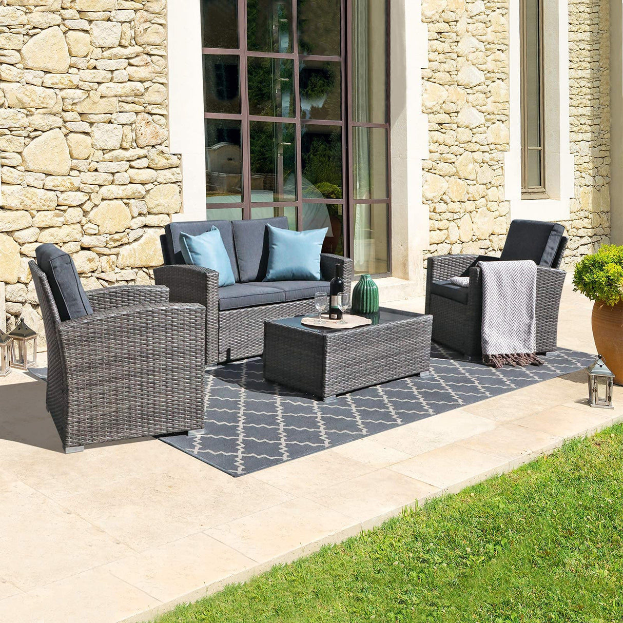 JOIVI Patio Furniture Set, All-Weather Outdoor U-Shaped Patio Conversation Set, 4 Piece PE Rattan Wicker Small Sectional Patio Sofa Set with Tempered Glass Coffee Table, Dark Gray JOIVI