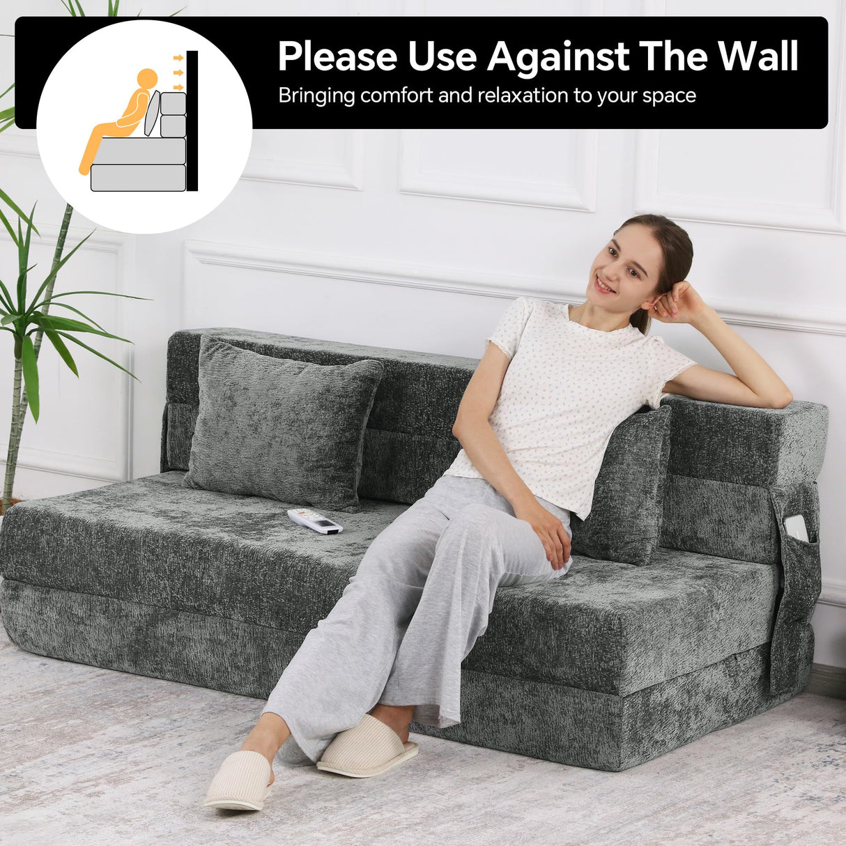 HOMBYS Folding Sofa Bed - Convertible Sleeper Chair with Pillow, 2-Layer Memory Foam Futon Couch, Multi-Functional Lazy Sofa for Living Room/Dorm/Guest Room/Home Office, Removable Cover, Grey HOMBYS