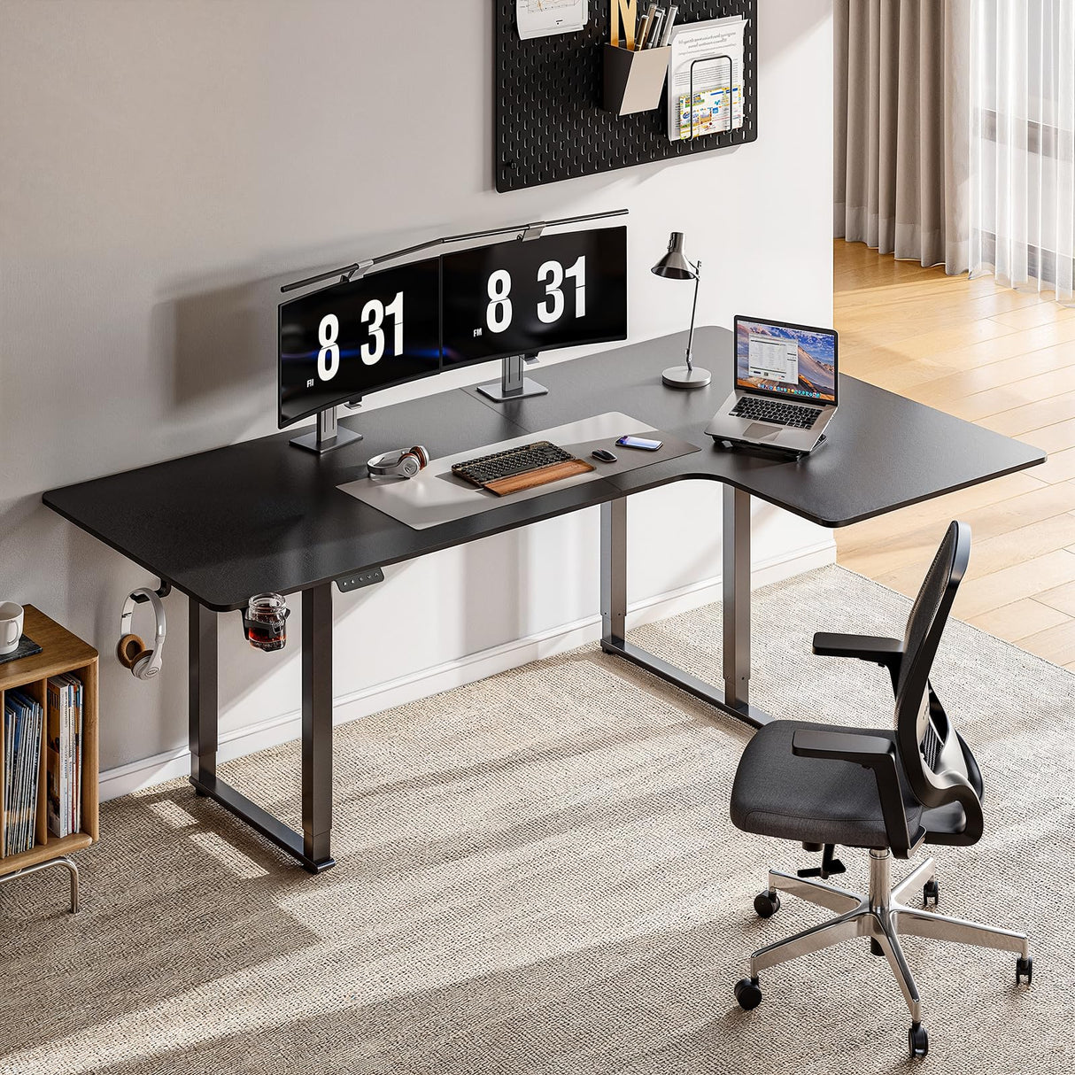 ONBRILL Standing Desk, 63x43 Inches L Shaped Desk with 4 Legs, Dual Motor and Memory Controller, Electric Stand Up Desk Adjustable Height from 28-46 Inches for Computer Workstation Black ONBRILL