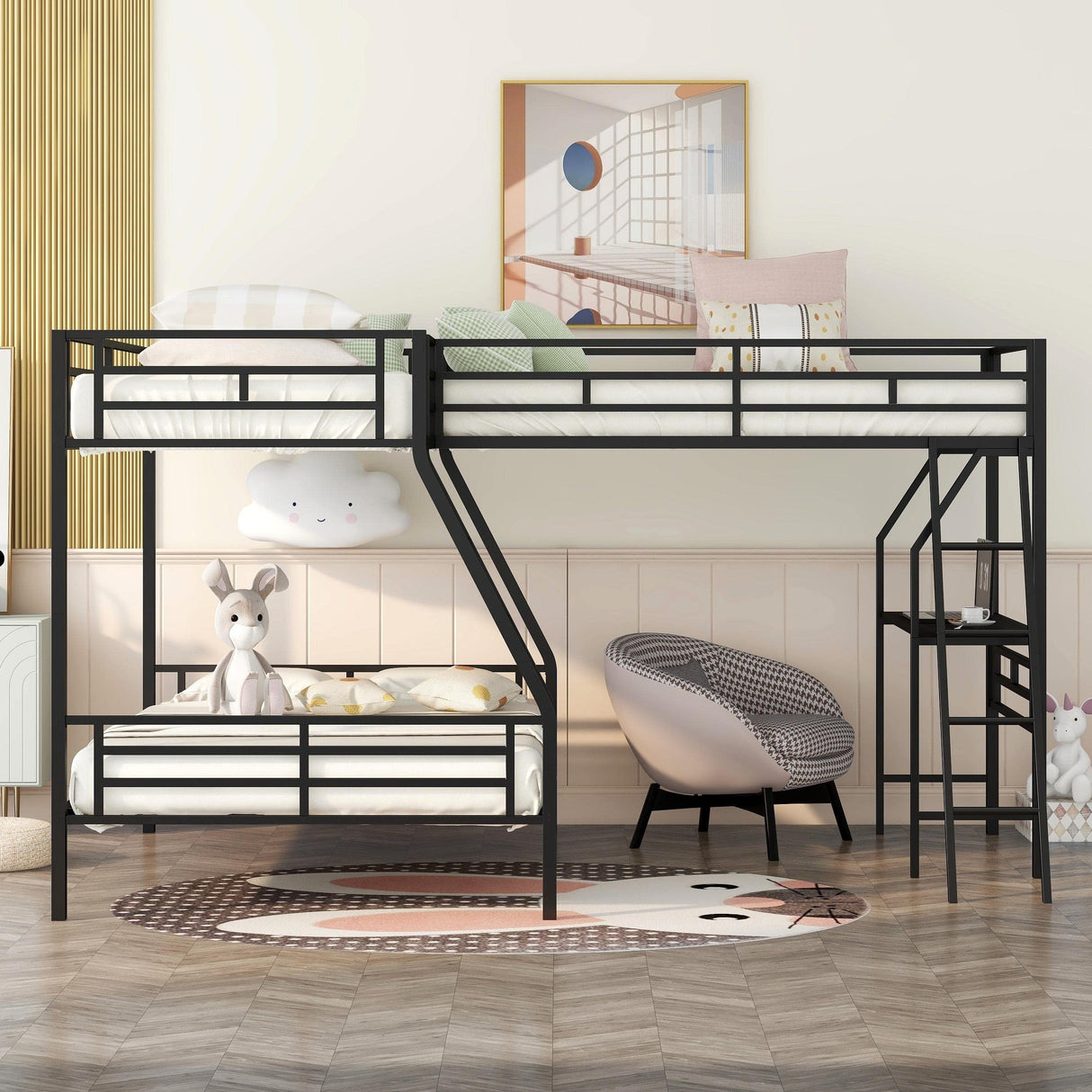 L-Shaped Metal Triple Bunk Bed for 3, Twin Over Full Bunk Bed with a Twin Size Loft Bed Attached, with a Desk, 3 Beds Bunk Bed Frame for Kids Teens Adults - Black Bellemave
