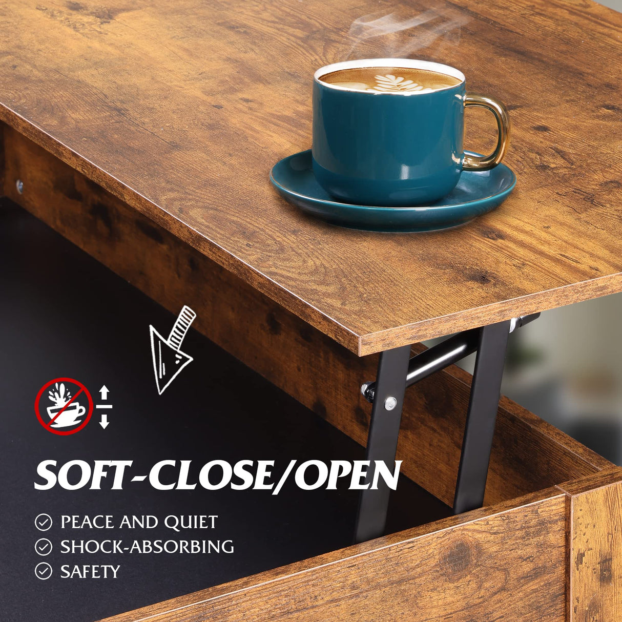 WLIVE Lift Top Coffee Table for Living Room,Coffee Table with Storage,Hidden Compartment and Metal Frame, Central Table for Reception Room,Rustic Brown WLIVE