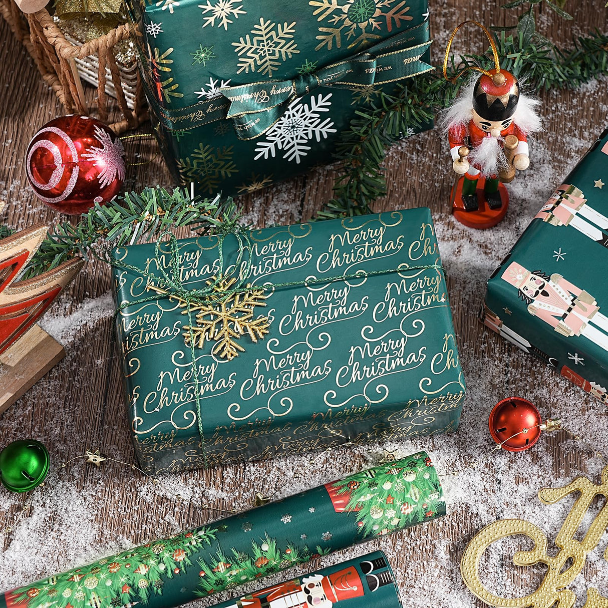 WRAPAHOLIC 30 Inch Nutcracker Christmas Wrapping Paper Roll - Jumbo Roll Green Christmas Tree, Snowflakes and Nutcracker with Metallic Foil Shine Design - 4 Rolls - 30 Inch x 120 Inch Per Roll WRAPAHOLIC