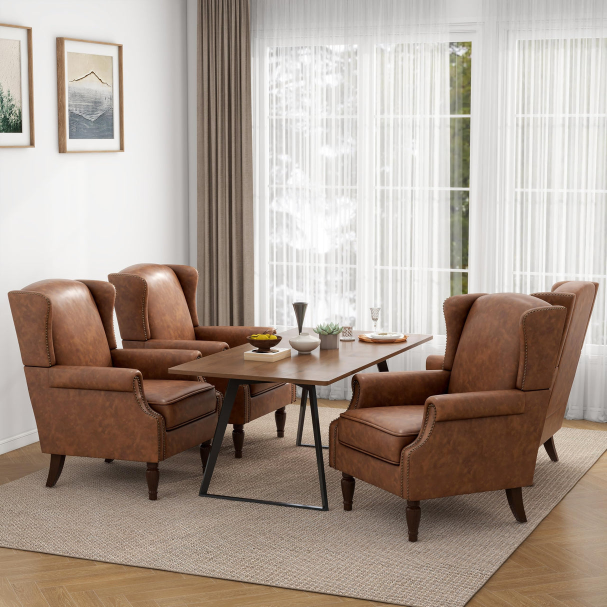 DREAMSIDEA Accent Chair, Upholstered High Back Armchair with Nailhead Trim & Wood Legs, Comfy Wingback Reading Single Sofa Chair for Small Spaces, Living Room, Bedroom (Leather Brown, Set of 1) DREAMSIDEA