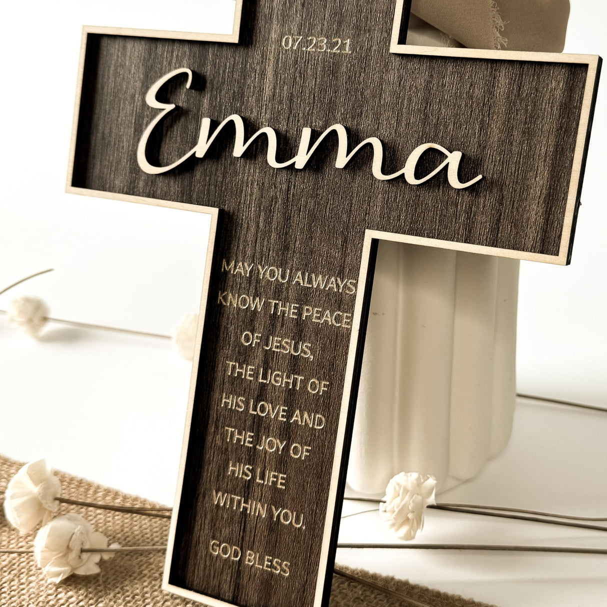 Personalized Engraved Wooden Cross, Christian WoodCcross for Baptism, Holy Communion, Confirmation or Newborn Gift Keepsake with Custom Name and Date with Message LIGHTIT STUDIO