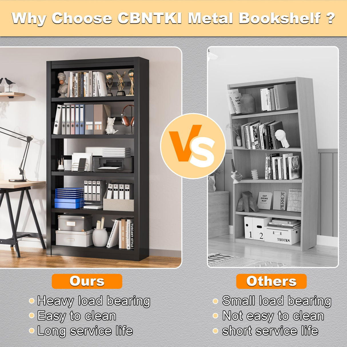 CBNTKI 5 Tier Metal Bookshelf,69'' Tall Heavy Duty Bookcase with Adjustable Shelves,Black Large Modern Bookshelves,Industrial Open Bookcases for Library,Office,Study Room,Living Room CBNTKI