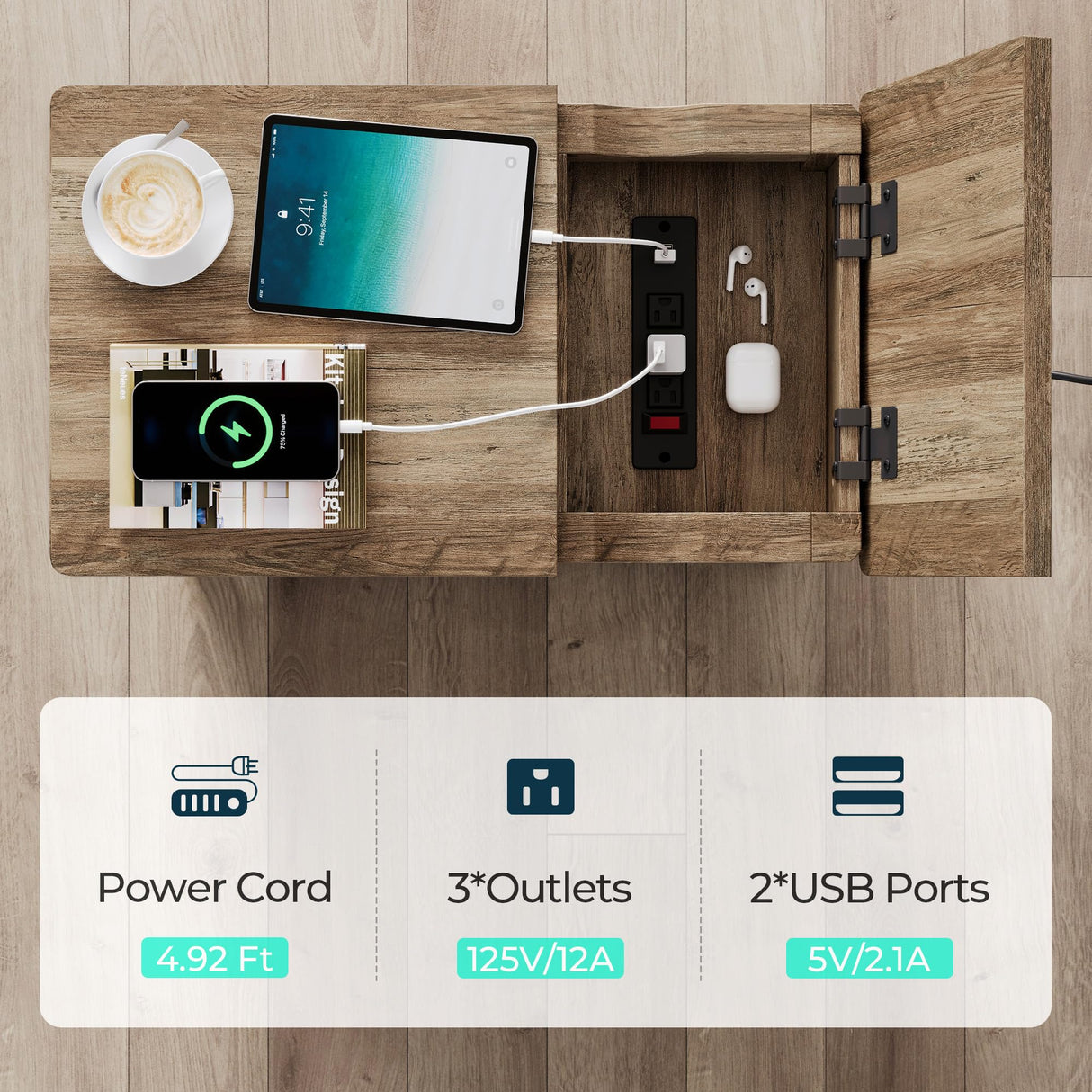 LINSY HOME Farmhouse End Table with Charging Station, Narrow Side Table for Living Room, Sofa Side Table with Drawer and Storage Cabinet, Small Nightstand for Bedroom LINSY HOME