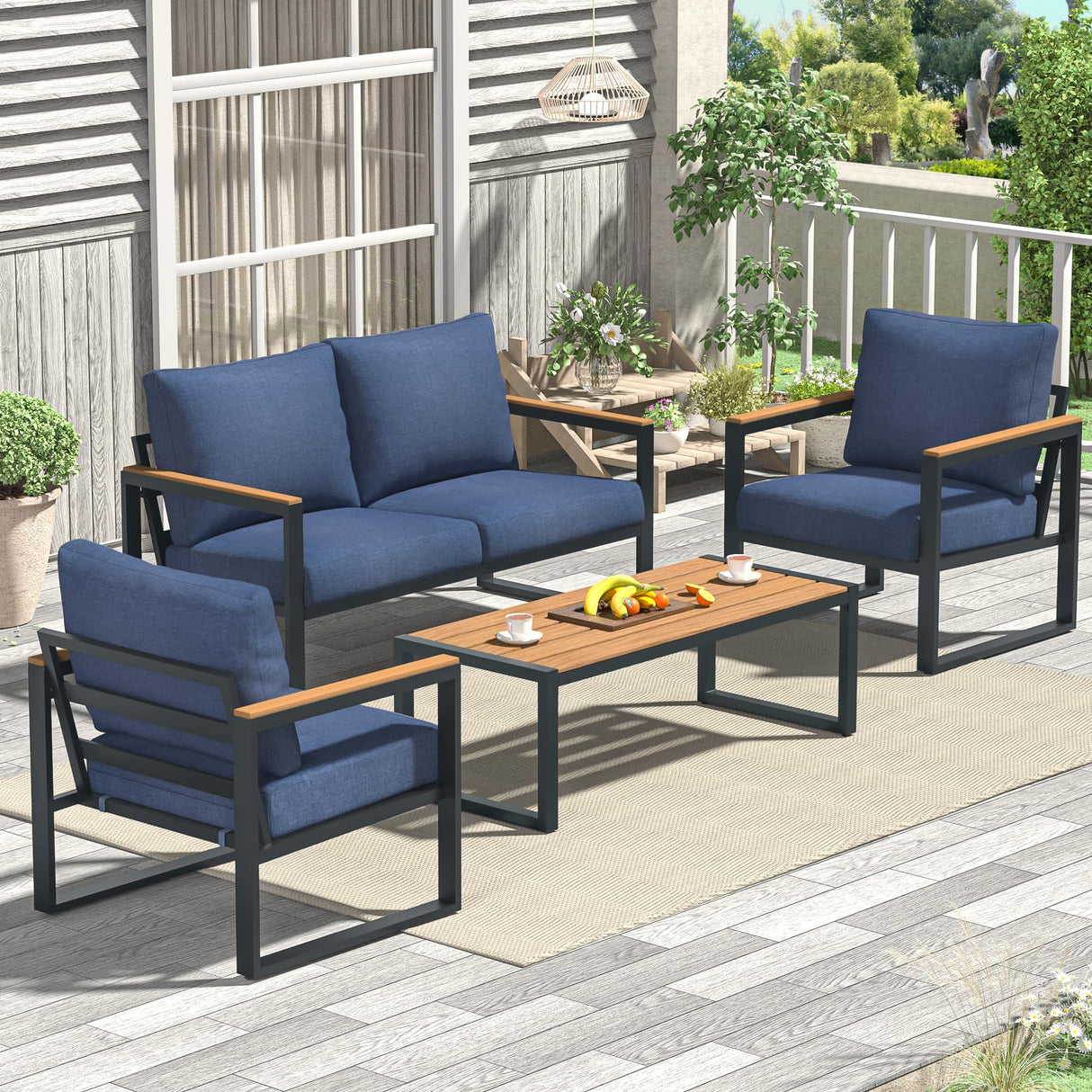 COMLAX FIELD Patio Furniture Set, 4 Pieces Outdoor Patio Furniture with Coffee Table Set, Metal Patio Conversation Sets with Washable and High-Resiliency Sponge Cushions, Upgrade Blue COMLAX FIELD